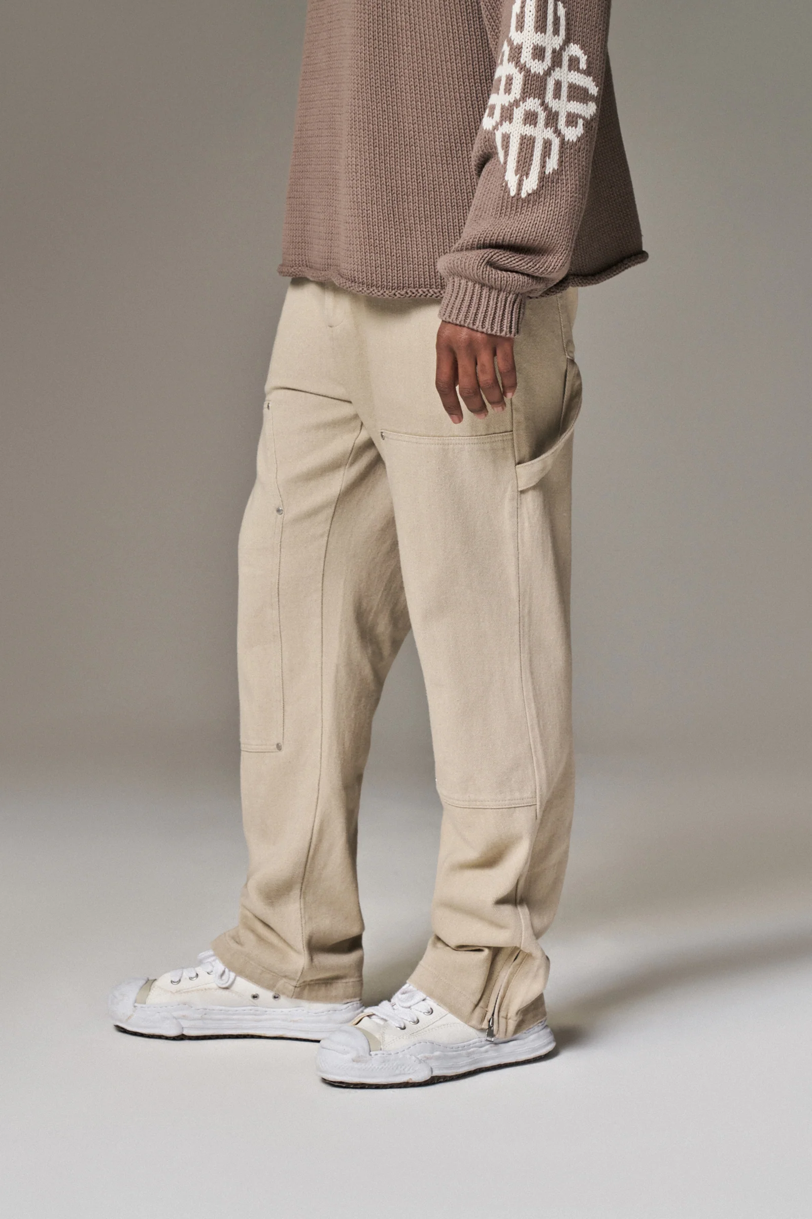 TWILL RIVET DETAIL CARPENTER PANT - BEIGE
