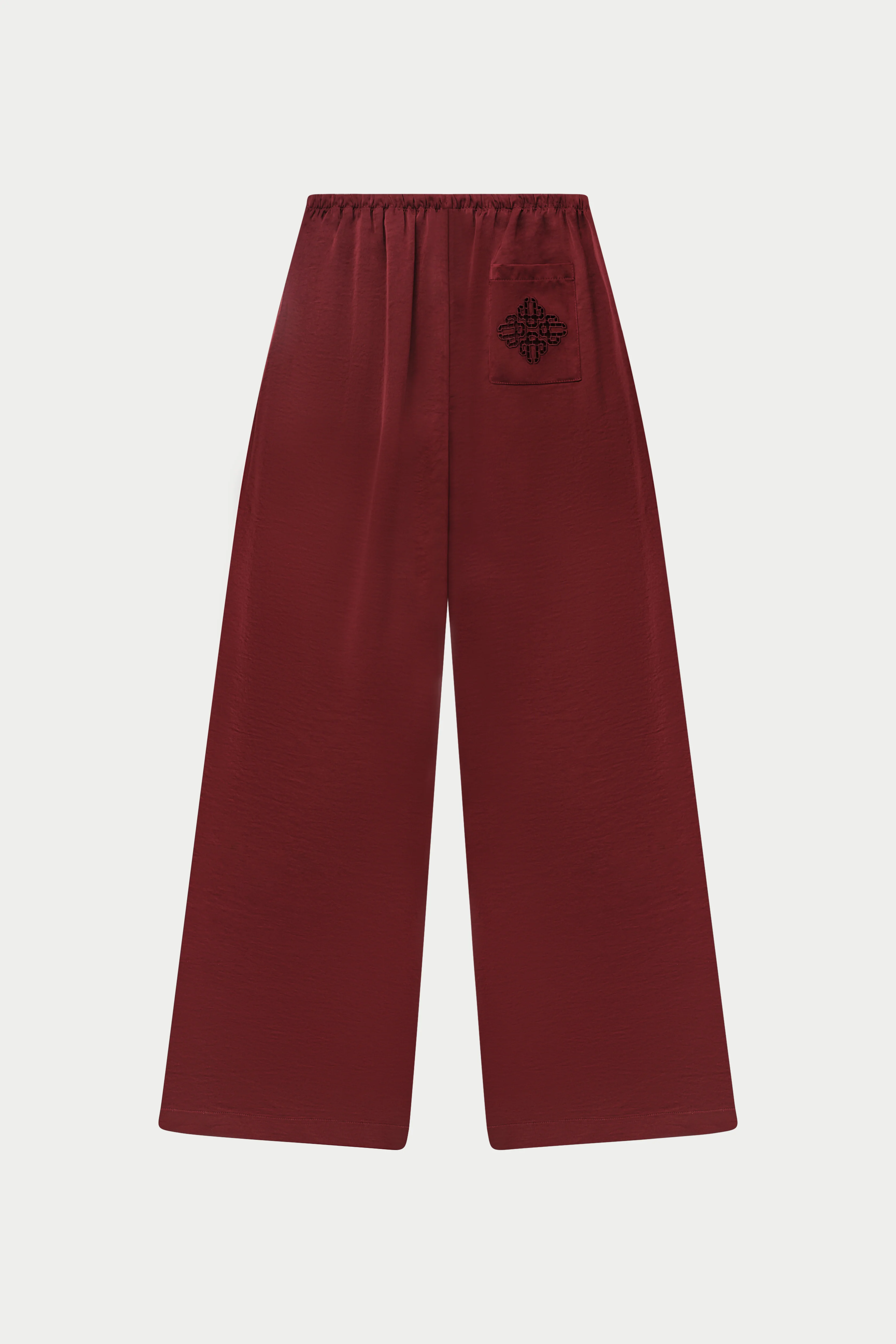 SATIN WIDE LEG EMBLEM TROUSERS - BURGUNDY