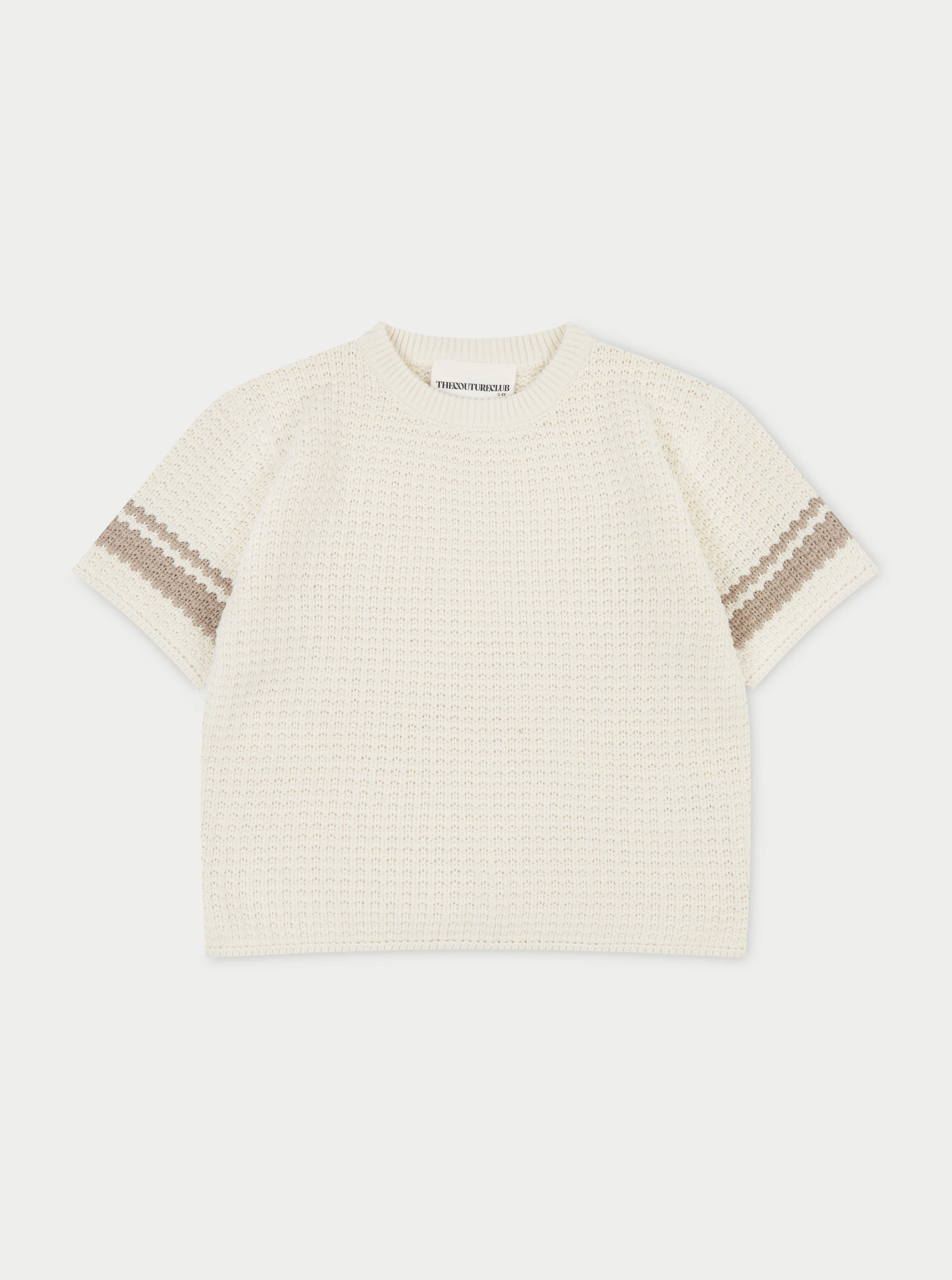 KIDS CROCHET KNITTED CONTRAST STRIPE T-SHIRT - OFF WHITE