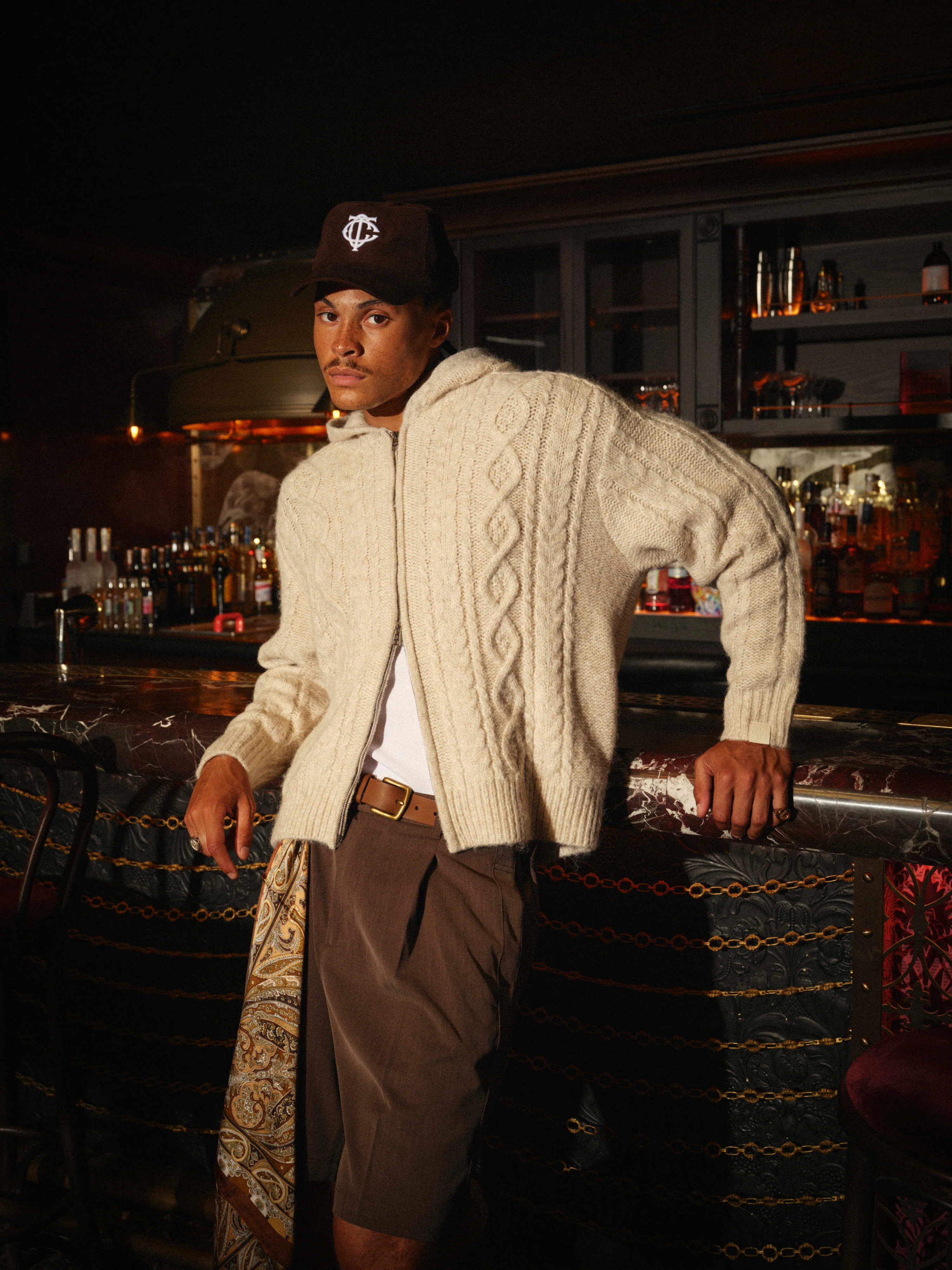 CABLE KNIT ZIP THROUGH HOODIE - STONE