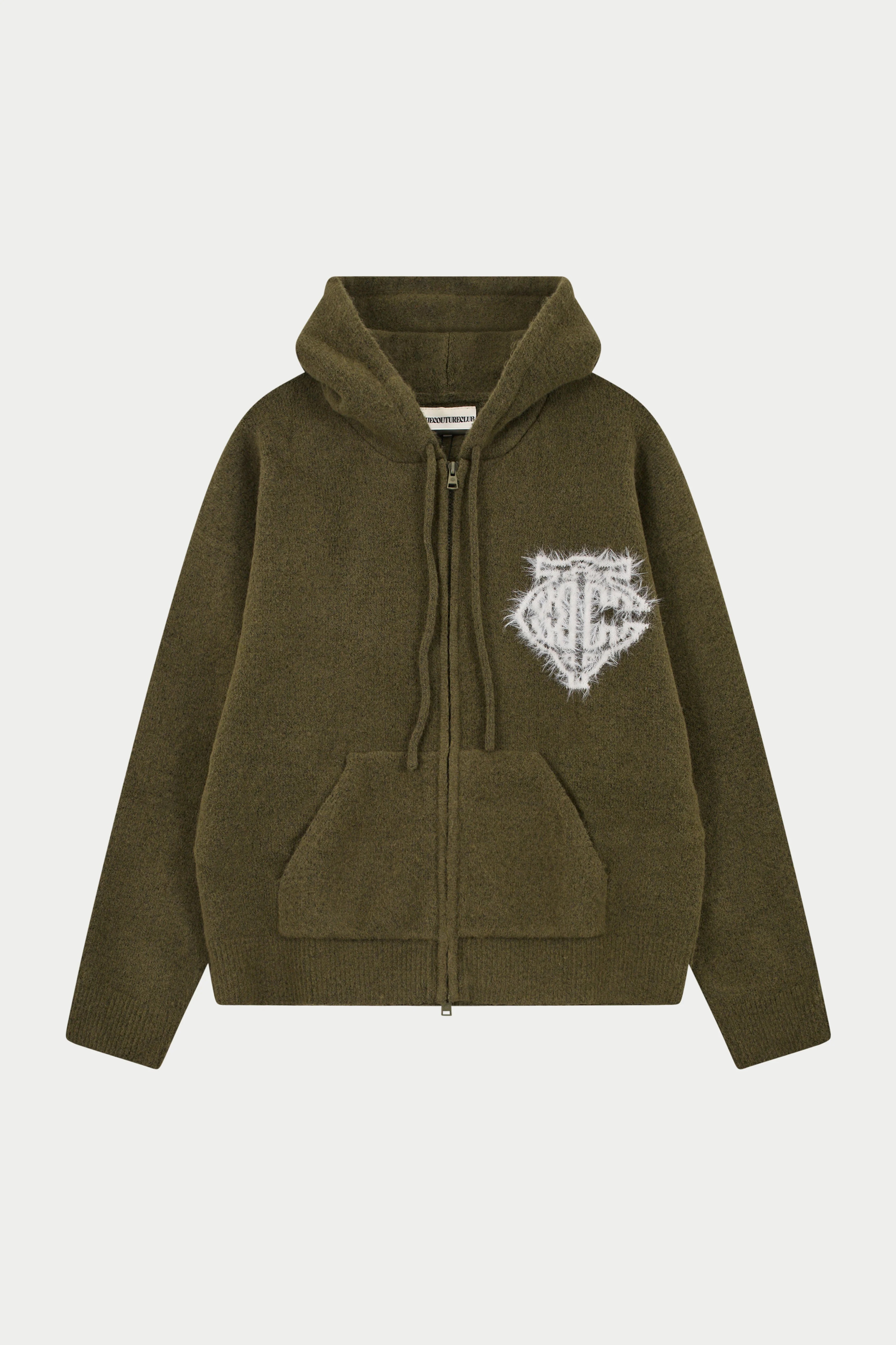 MONOGRAM EMBLEM FLUFFY KNIT ZIP THROUGH HOODIE - KHAKI