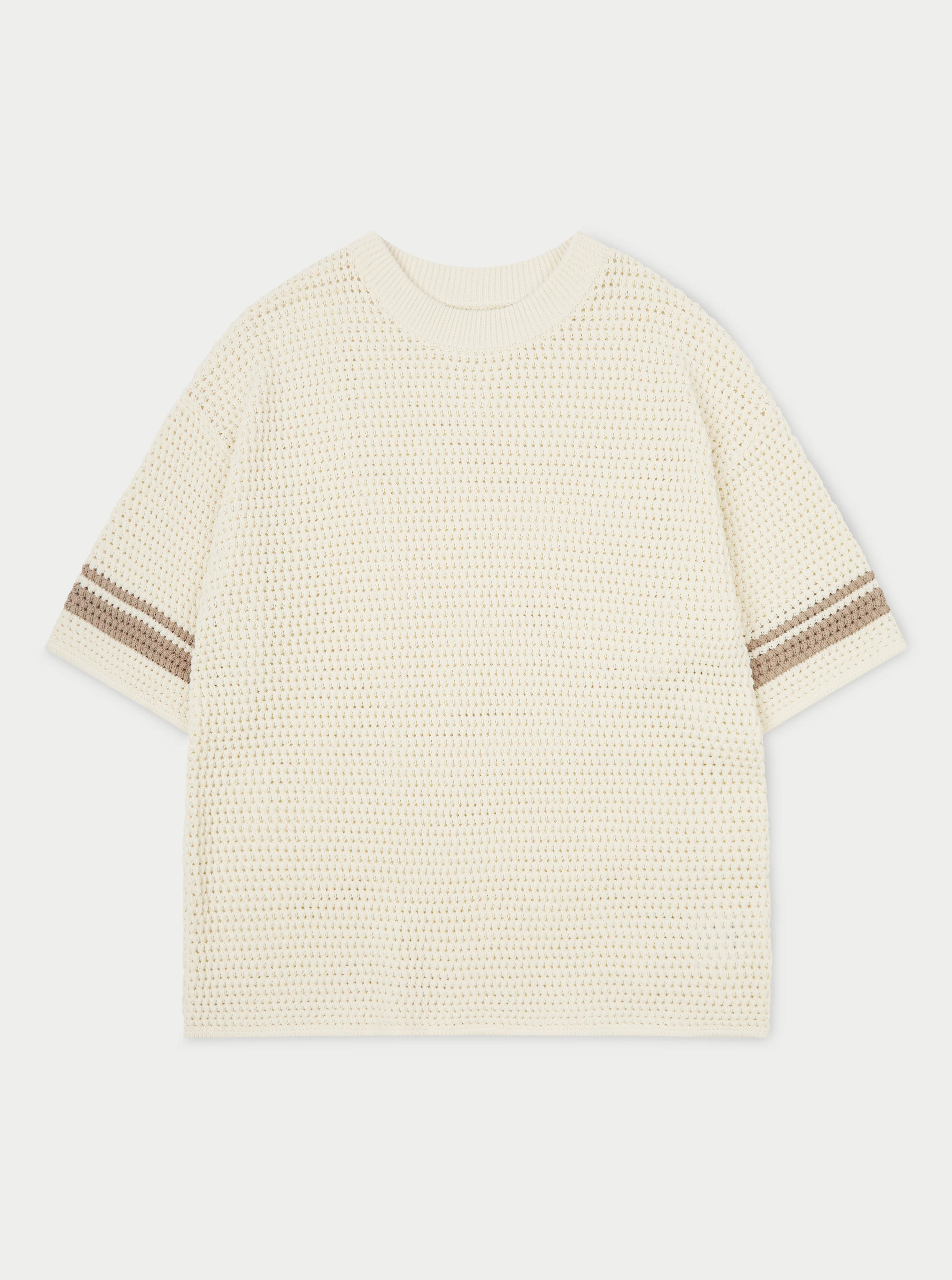 CROCHET KNITTED CONTRAST STRIPE T-SHIRT - OFF WHITE
