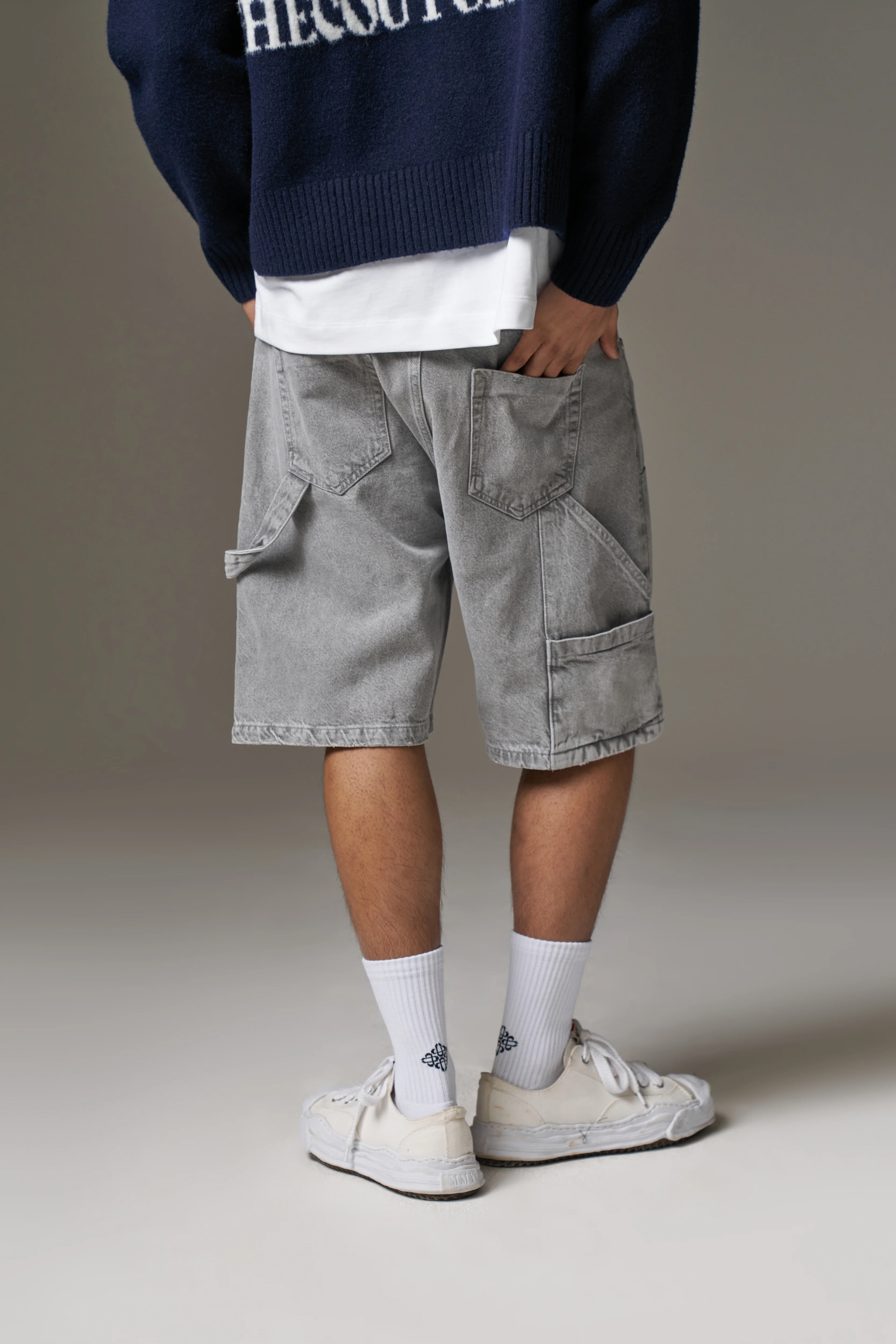 DENIM CARPENTER SHORTS - GREY WASH
