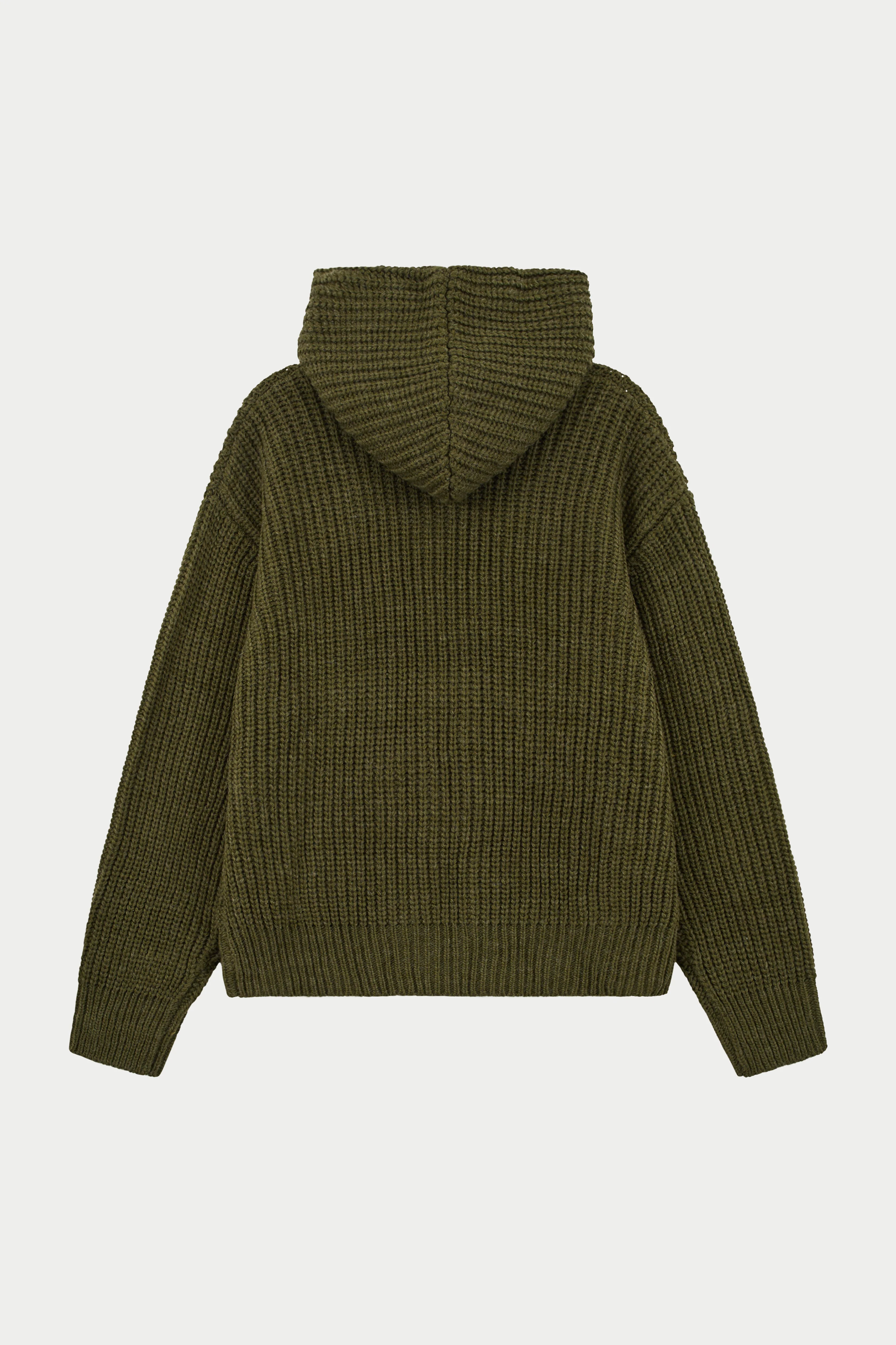 JUMBO RIB KNITTED ZIP THROUGH HOODIE - KHAKI