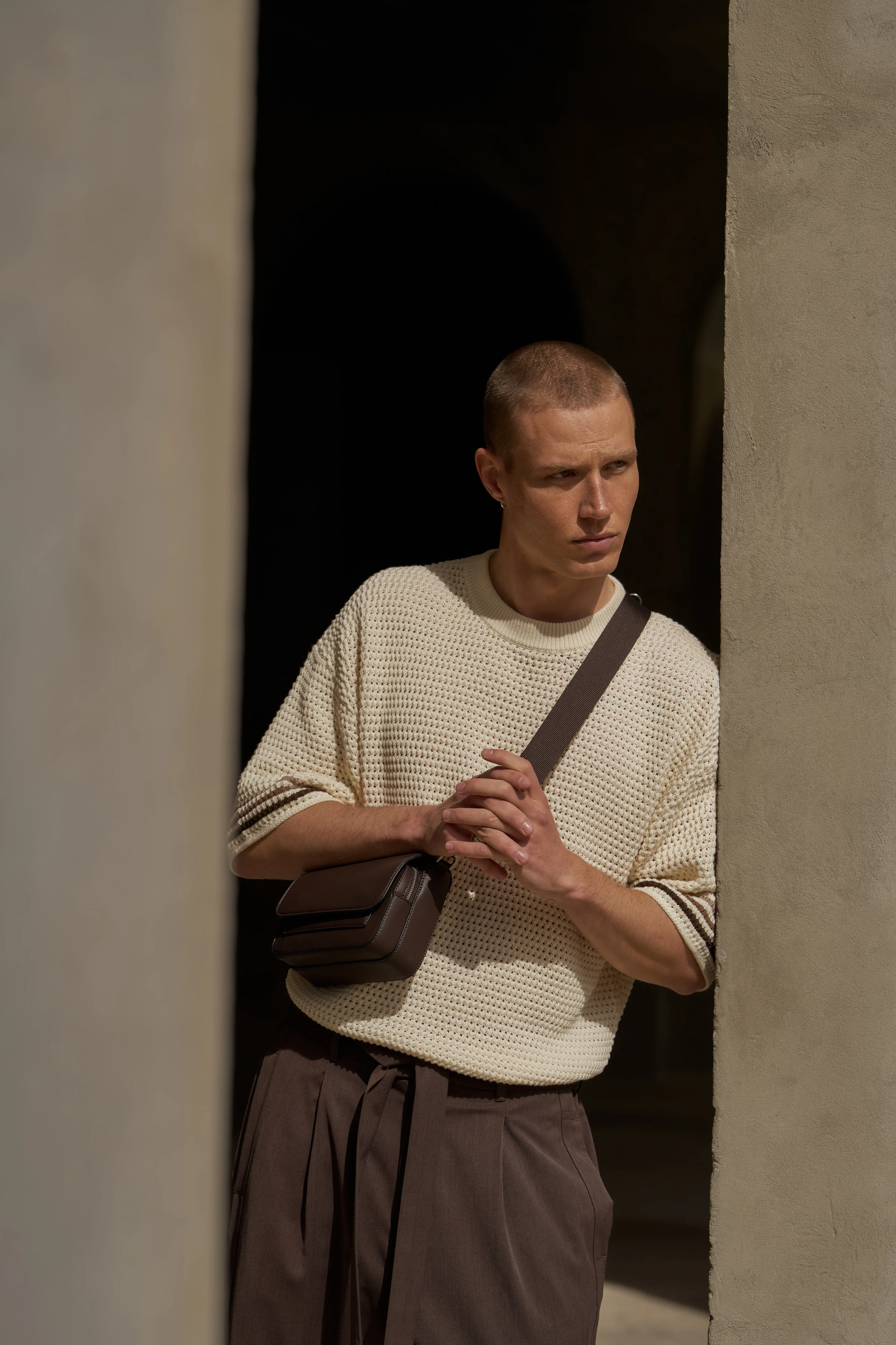 STRIPE CROCHET KNIT T-SHIRT - OFF WHITE