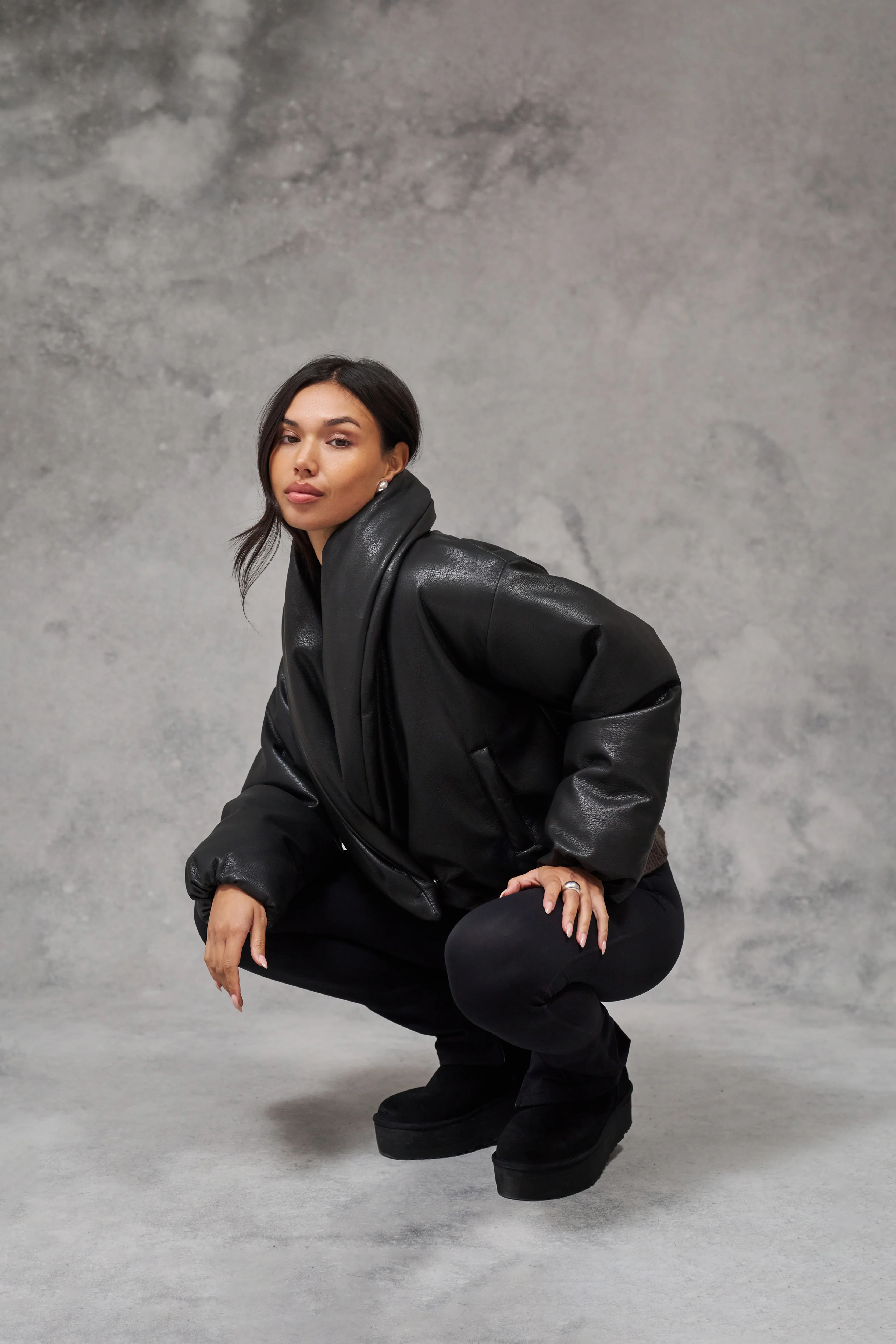 OVERSIZED COLLAR FAUX LEATHER PUFFER COAT - BLACK