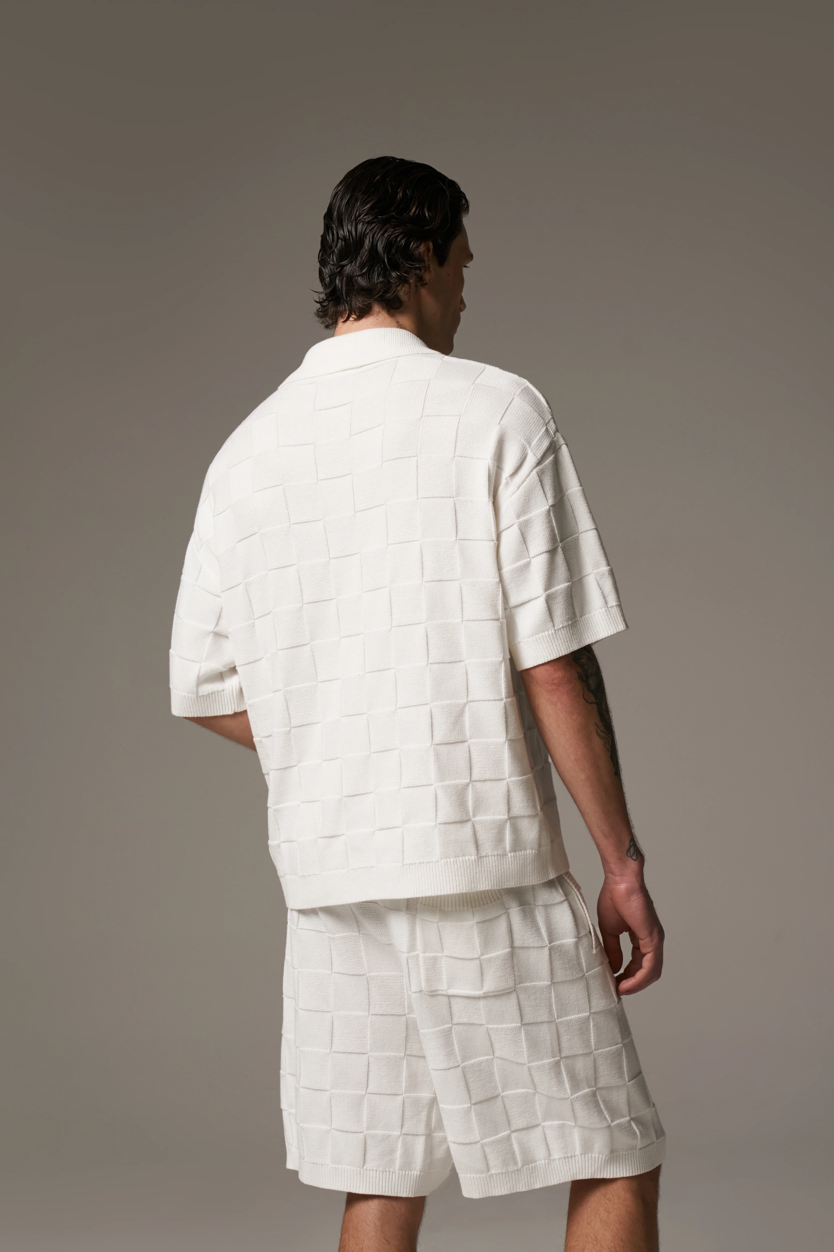 CHECKERBOARD KNITTED SHIRT - OFF WHITE