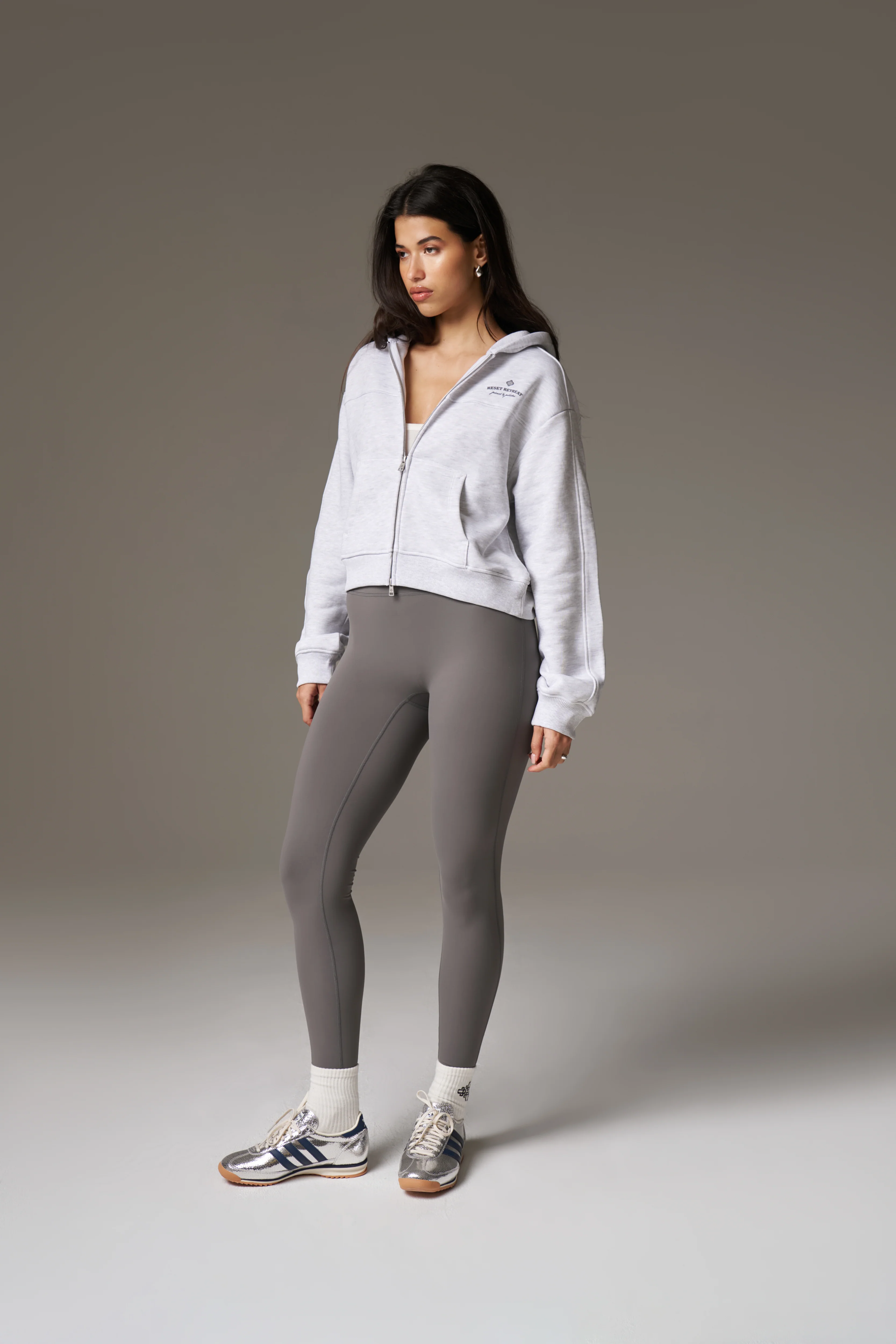 PILATES & PINOT ZIP THROUGH CROPPED HOODIE - GREY MARL
