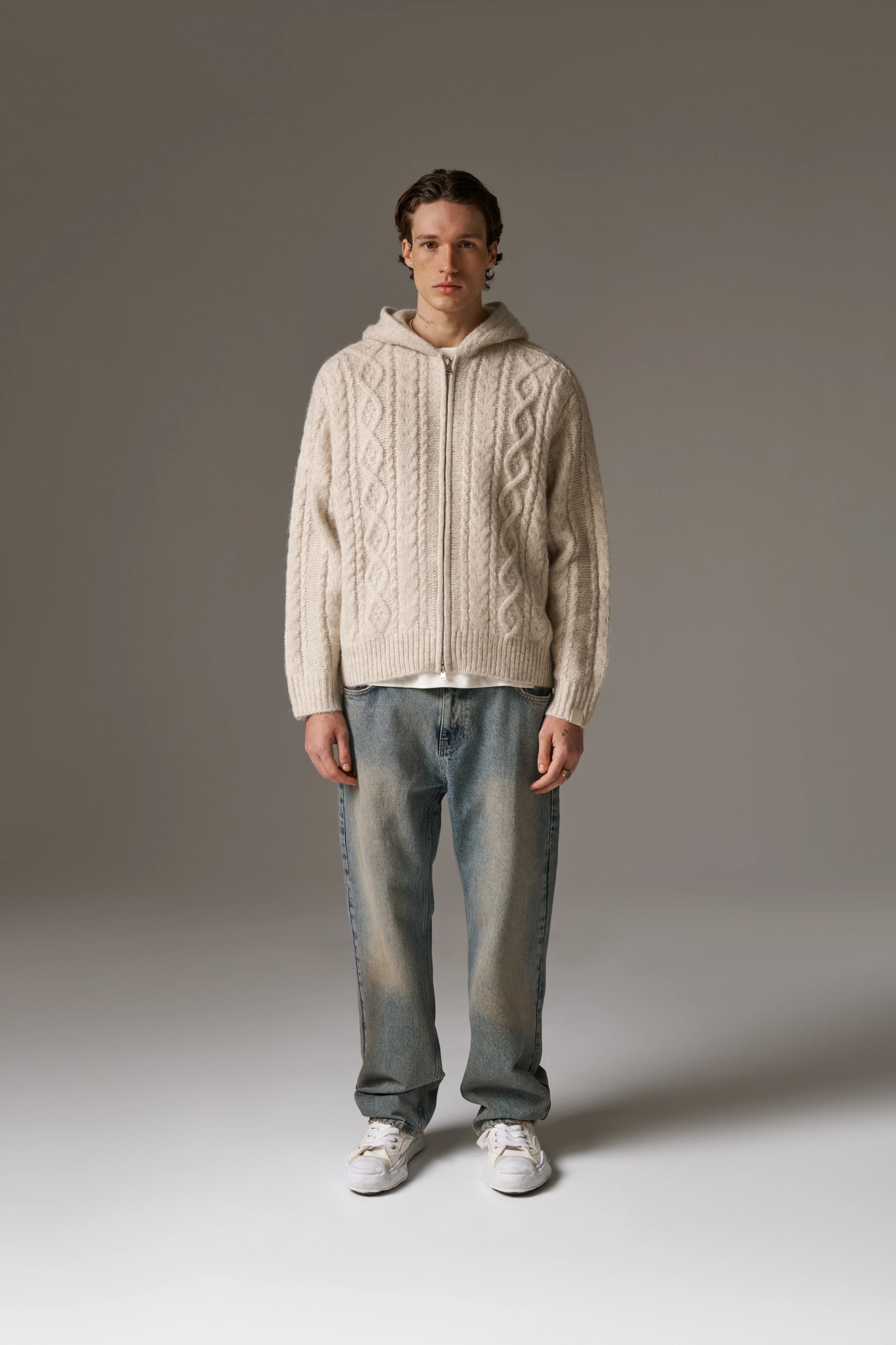 CABLE KNIT ZIP THROUGH HOODIE - STONE