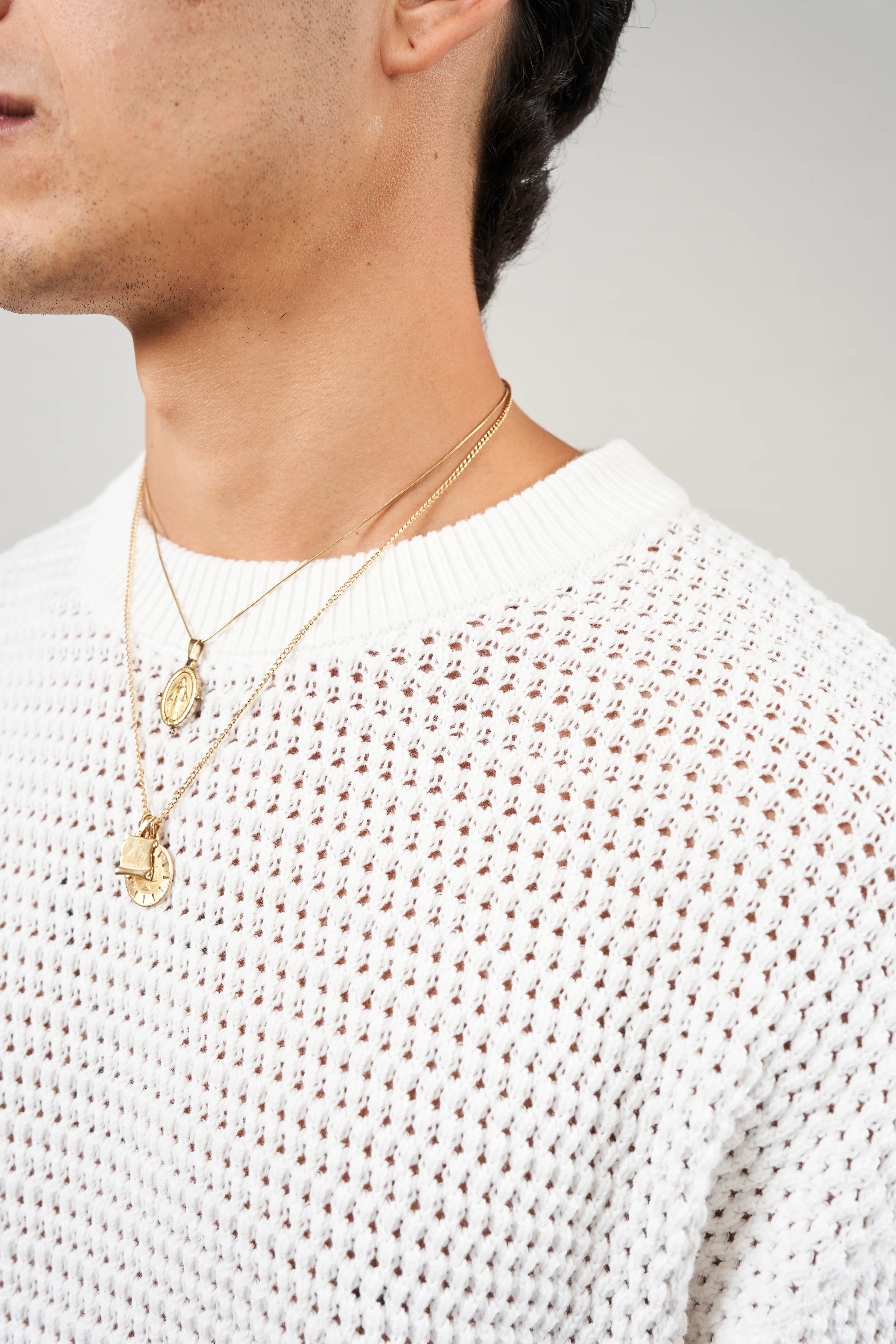 CROCHET KNITTED CONTRAST STRIPE T-SHIRT - WHITE