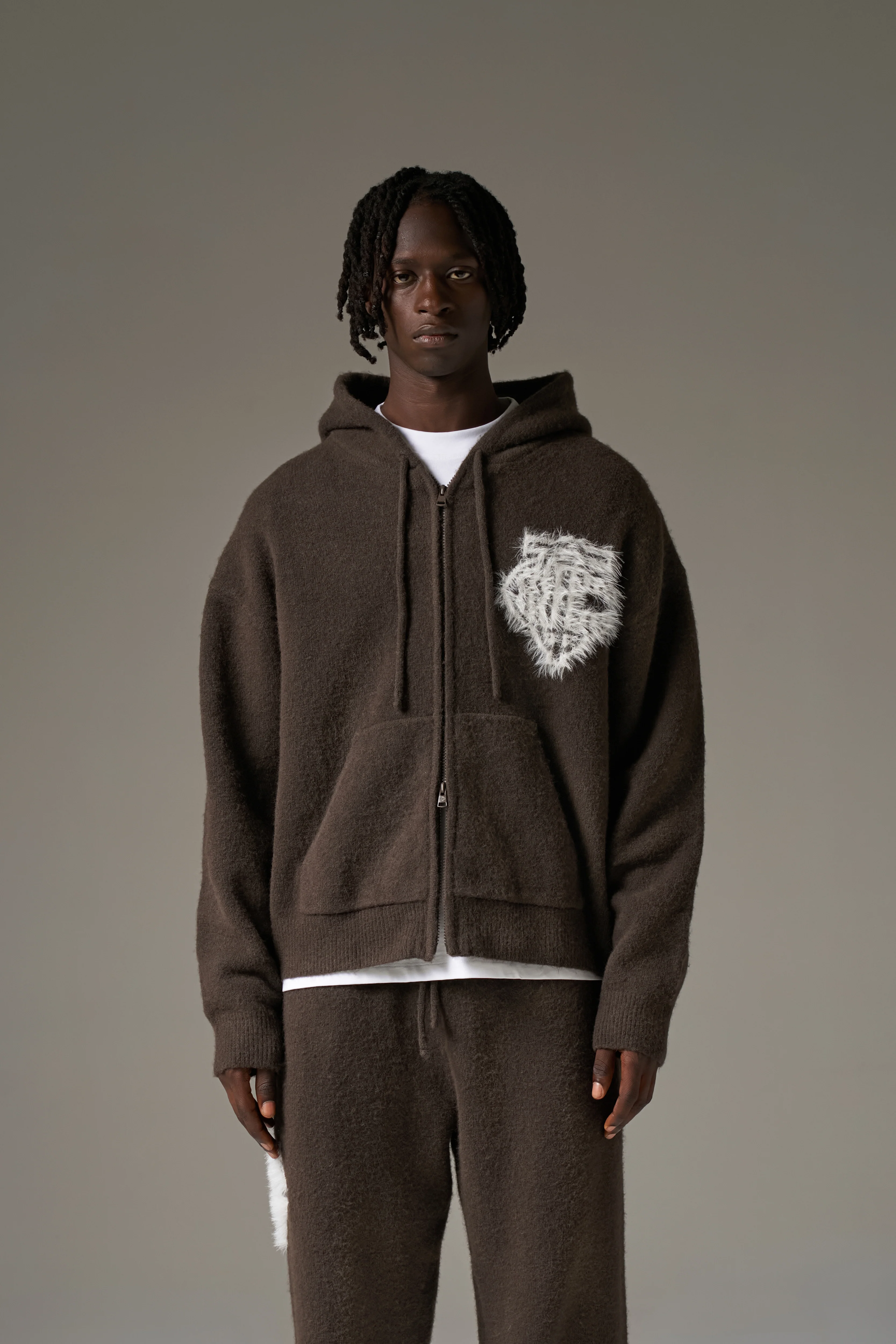 MONOGRAM EMBLEM FLUFFY KNIT ZIP THROUGH HOODIE - BROWN