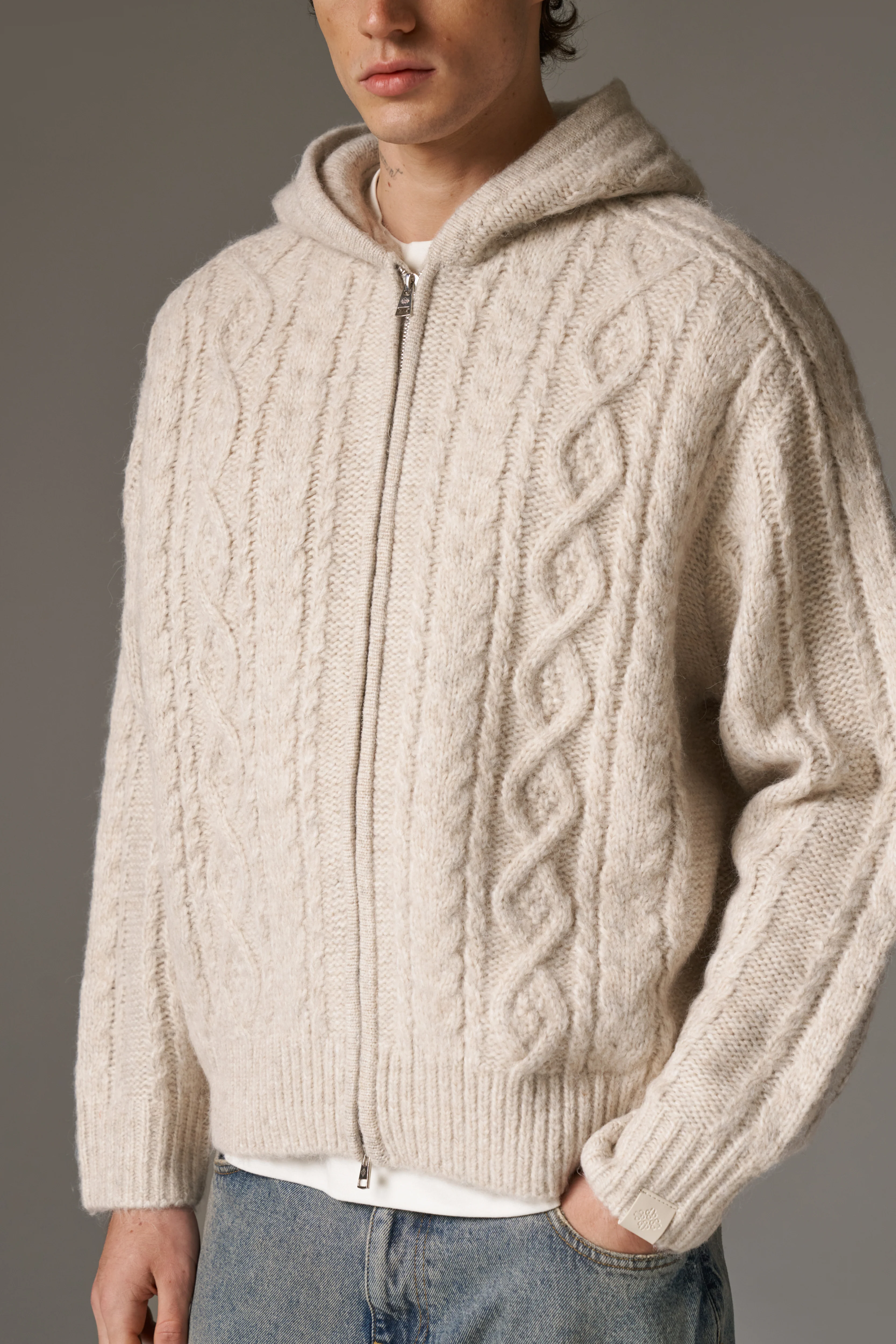 CABLE KNIT ZIP THROUGH HOODIE - STONE