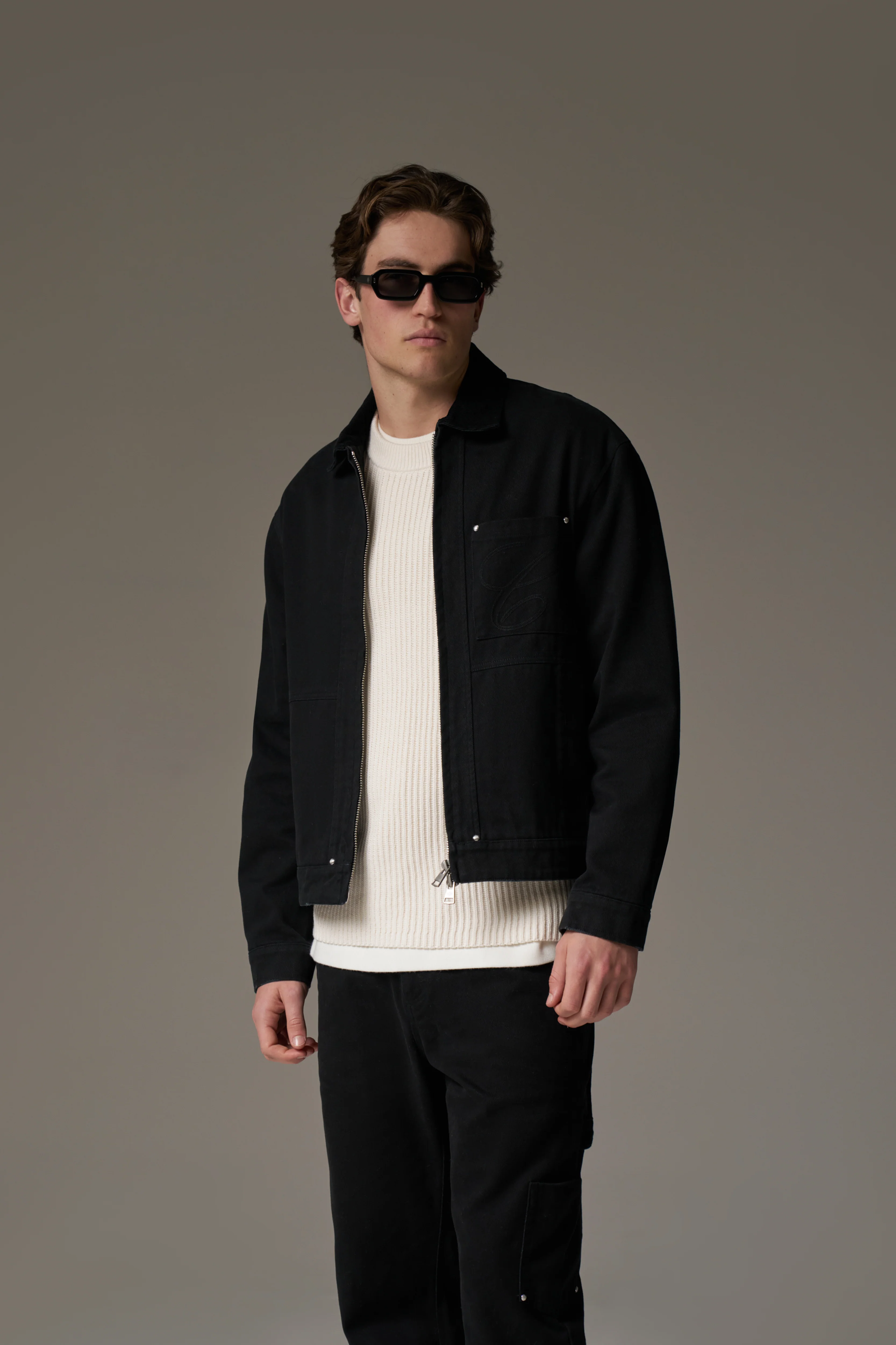 TWILL CONTRAST COLLAR JACKET - WASHED BLACK