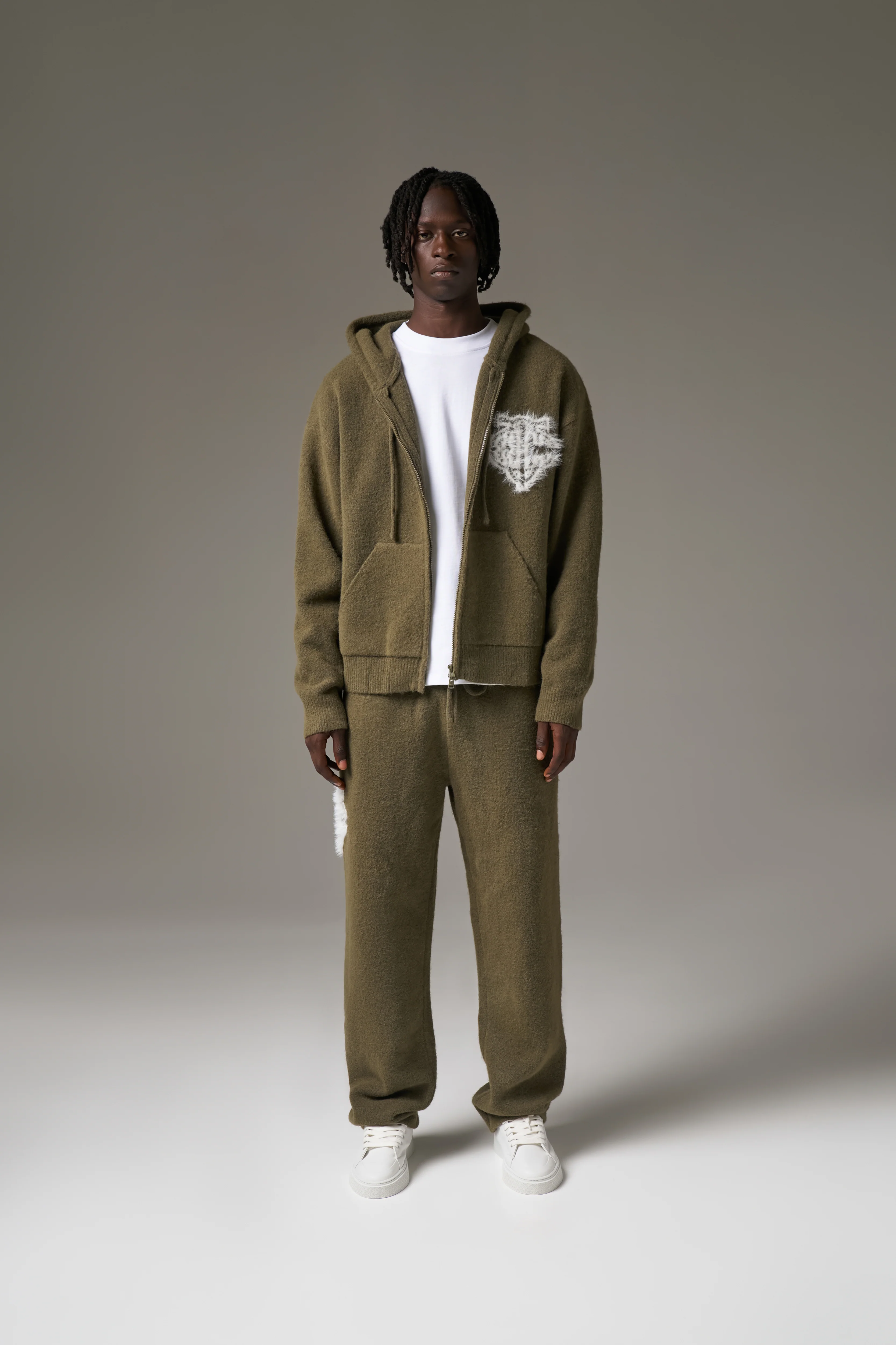 MONOGRAM EMBLEM FLUFFY KNIT ZIP THROUGH HOODIE - KHAKI