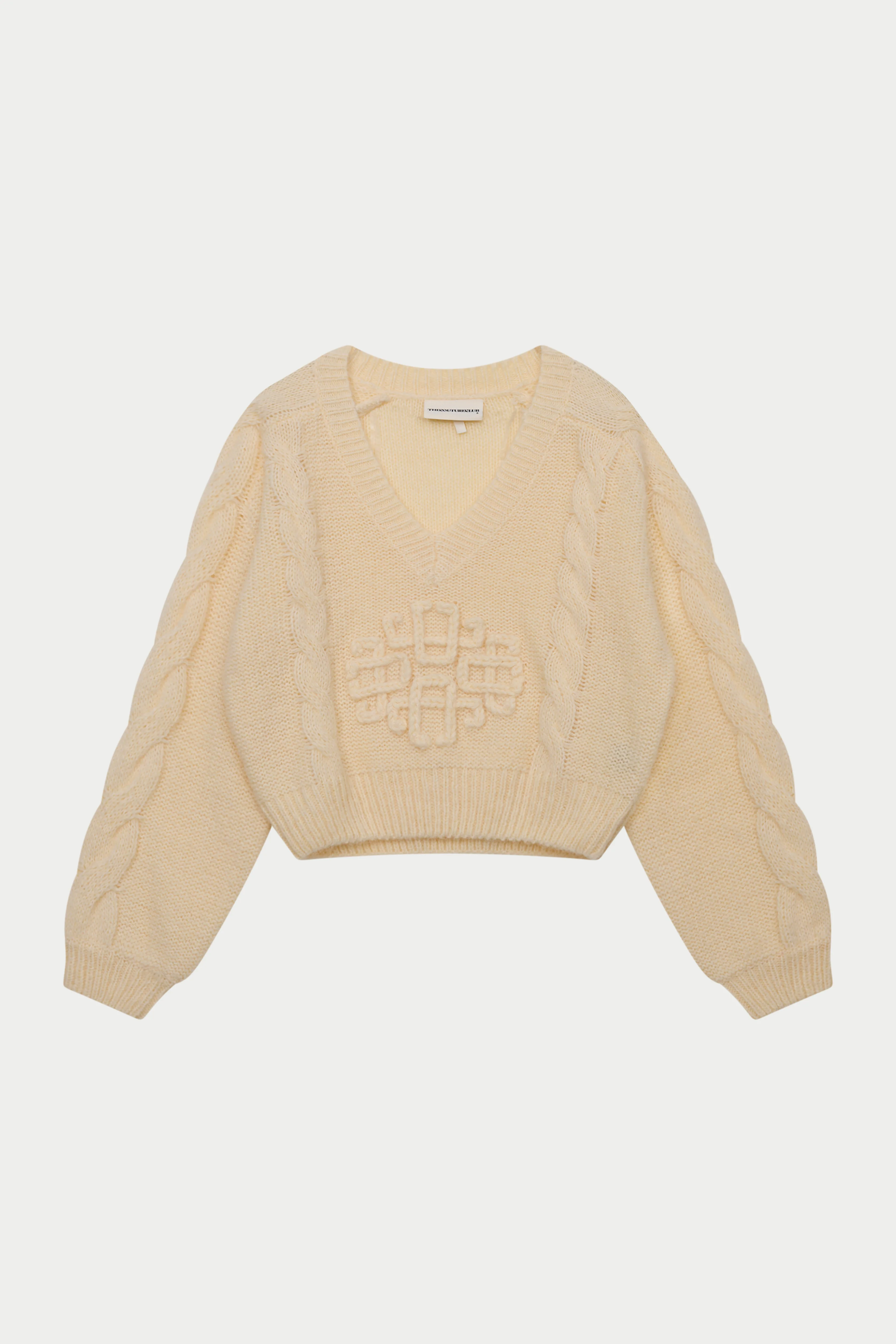 EMBLEM KNITTED V NECK JUMPER - BUTTERMILK