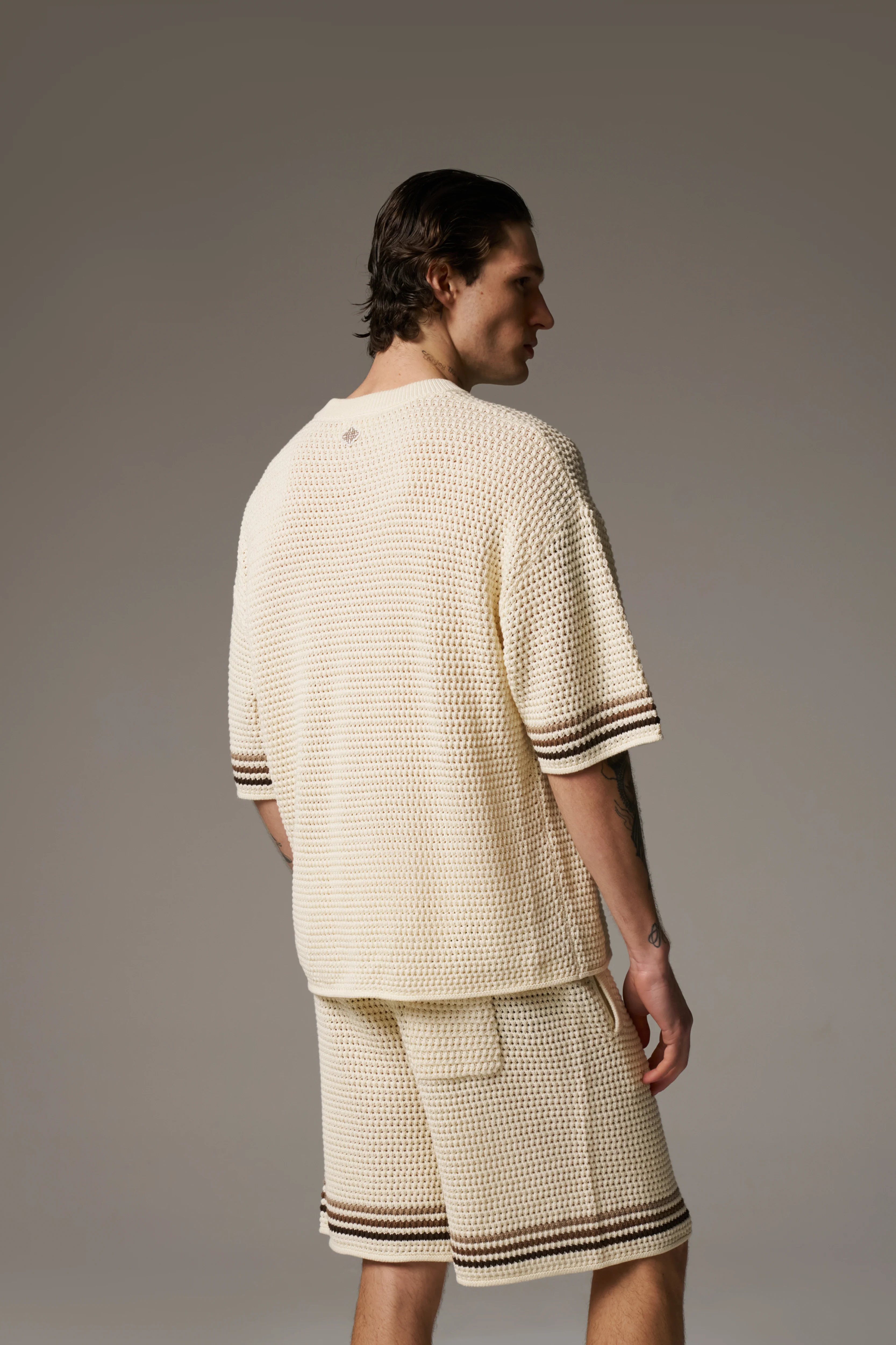 STRIPE CROCHET KNIT T-SHIRT - OFF WHITE