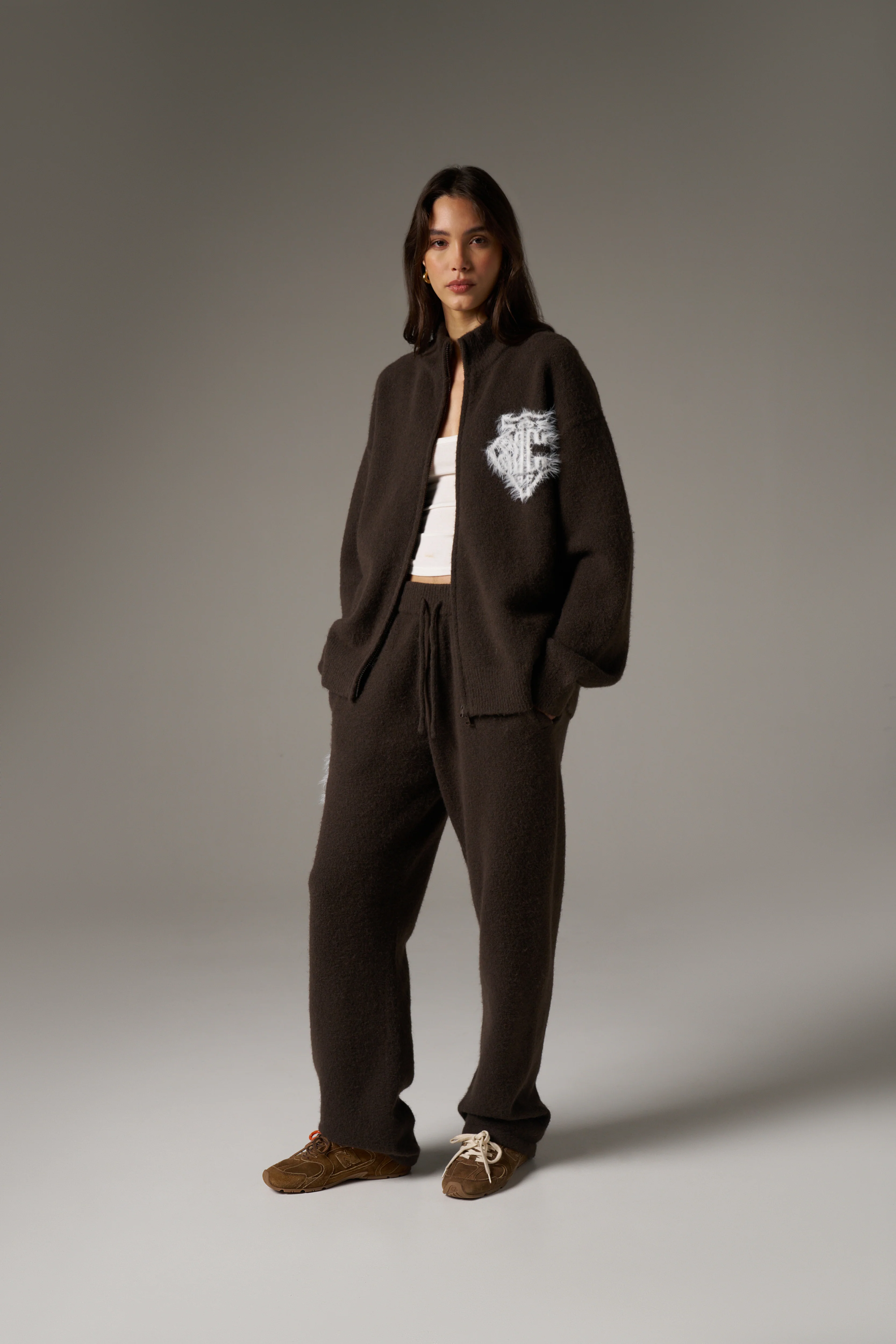 MONOGRAM EMBLEM FLUFFY KNIT ZIP THROUGH - BROWN