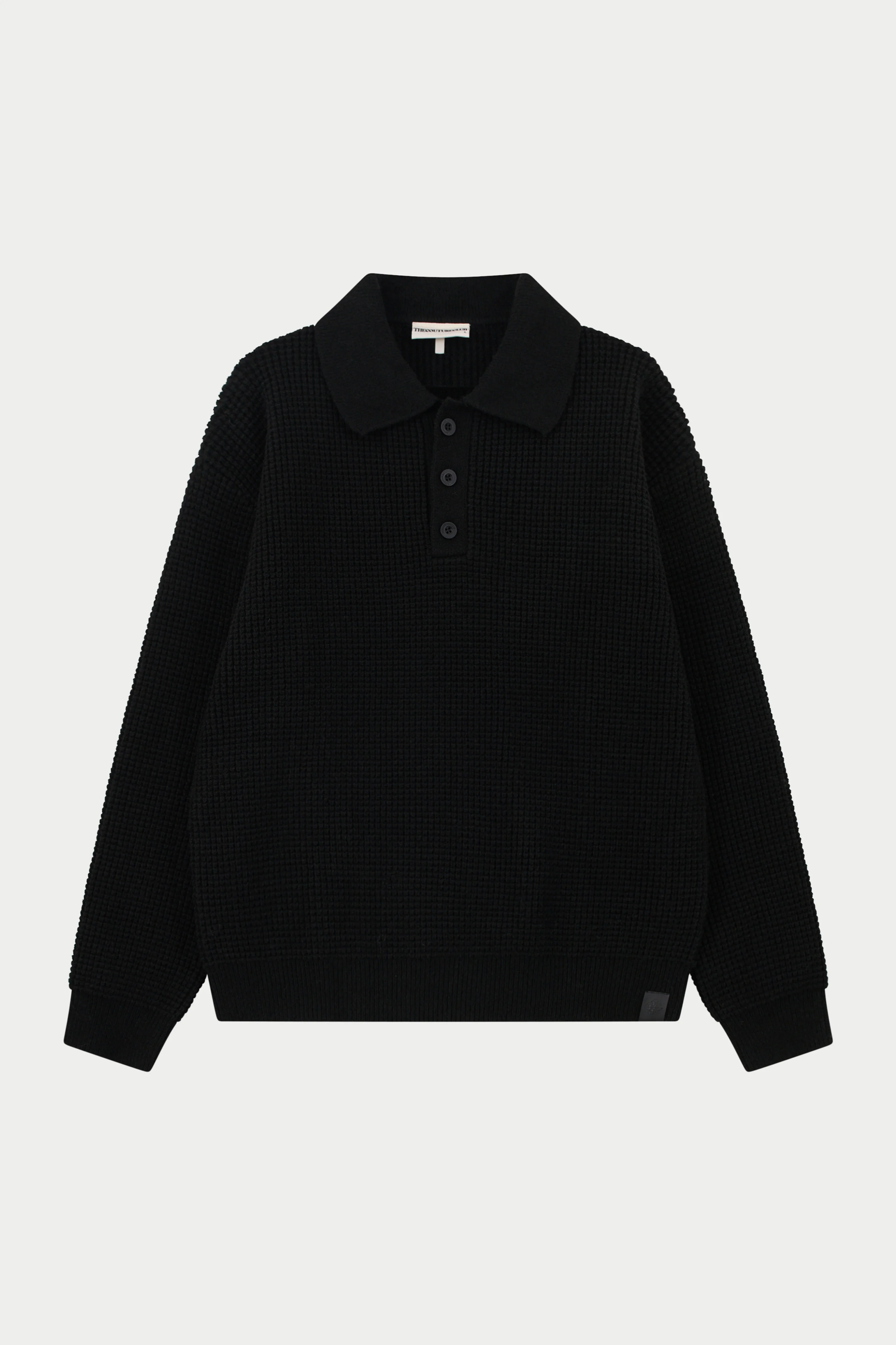 WAFFLE KNIT LONG SLEEVE POLO - BLACK
