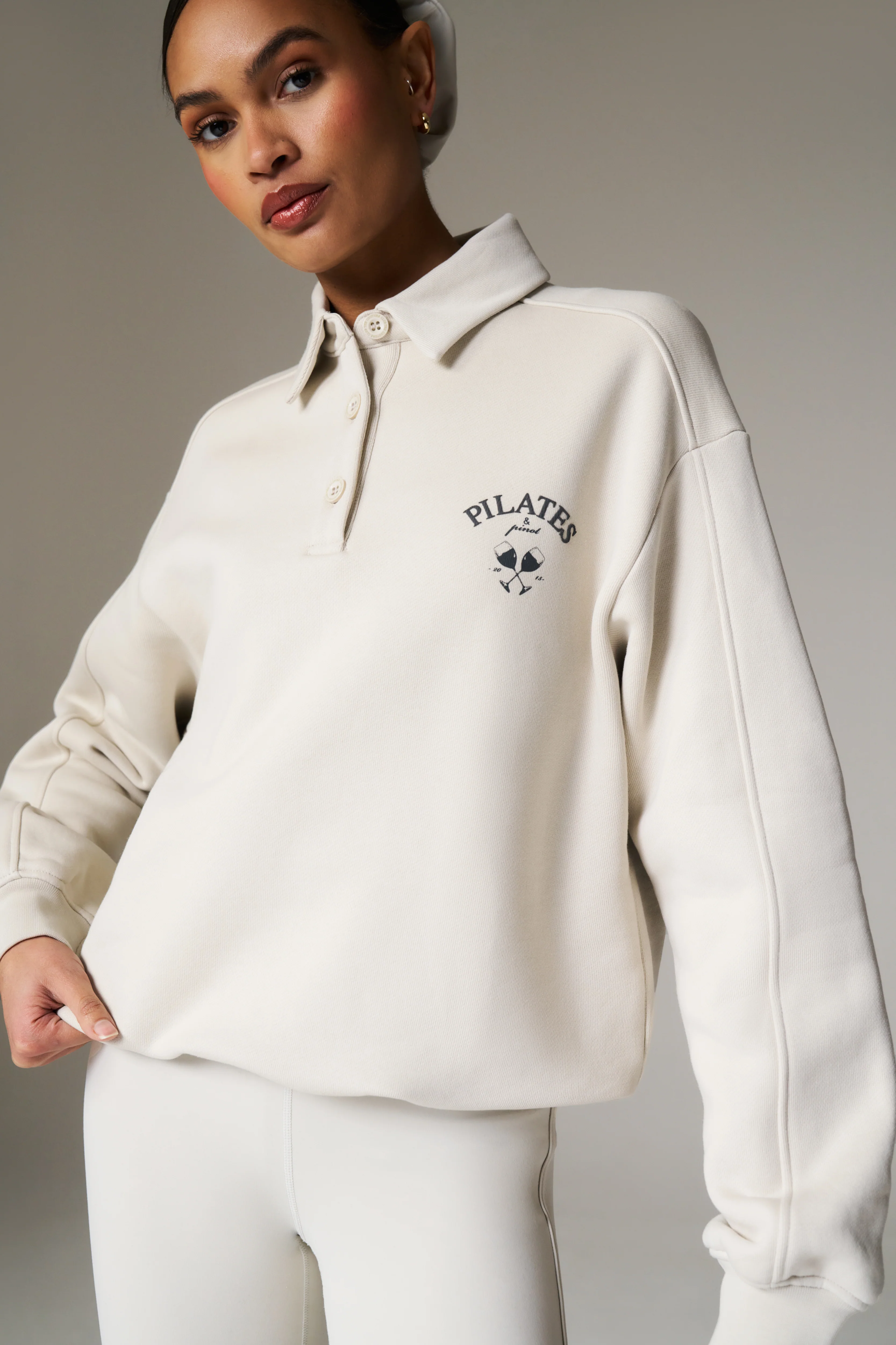 PILATES & PINOT BUTTON UP SWEATSHIRT - BONE