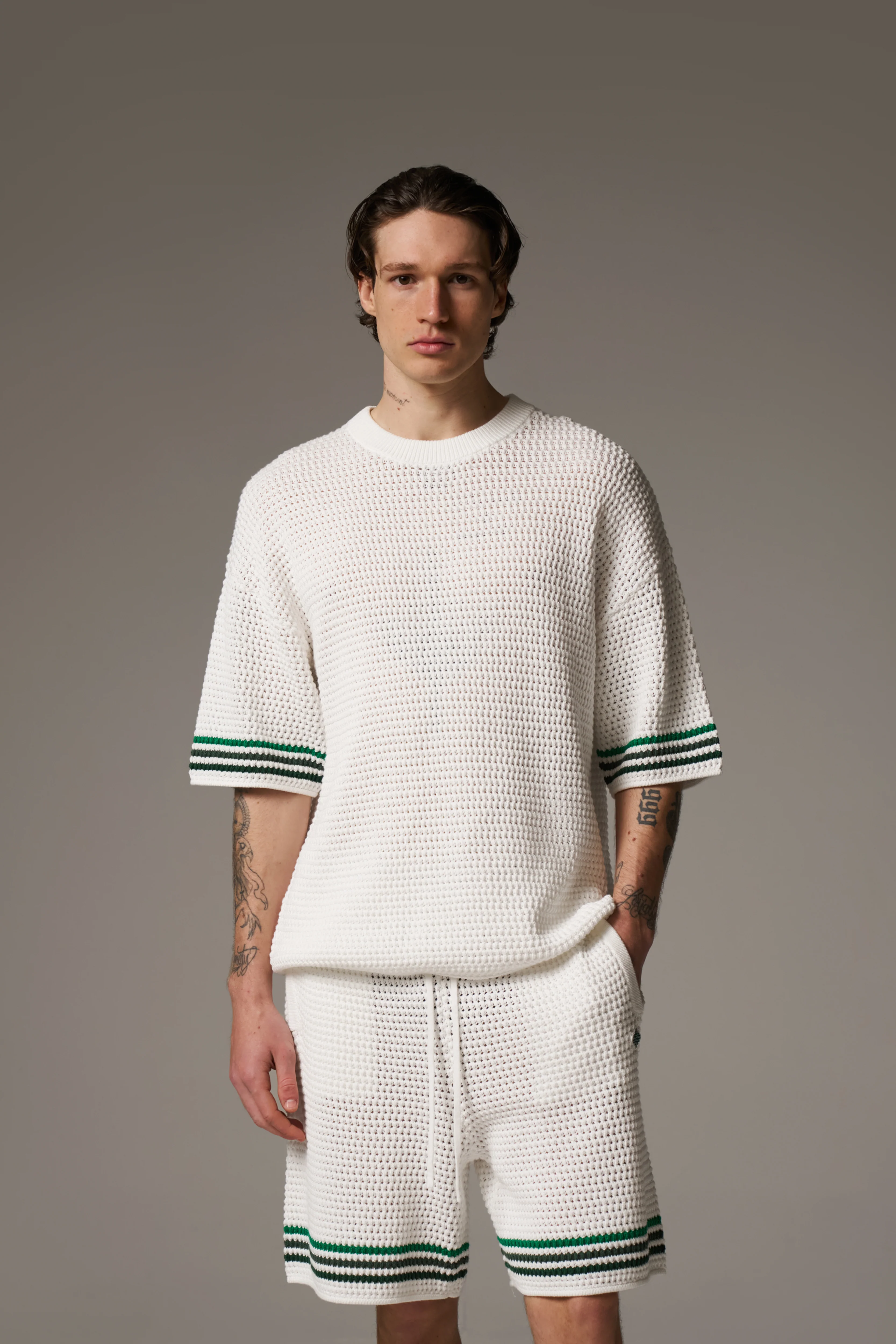 STRIPE CROCHET KNIT T-SHIRT - WHITE