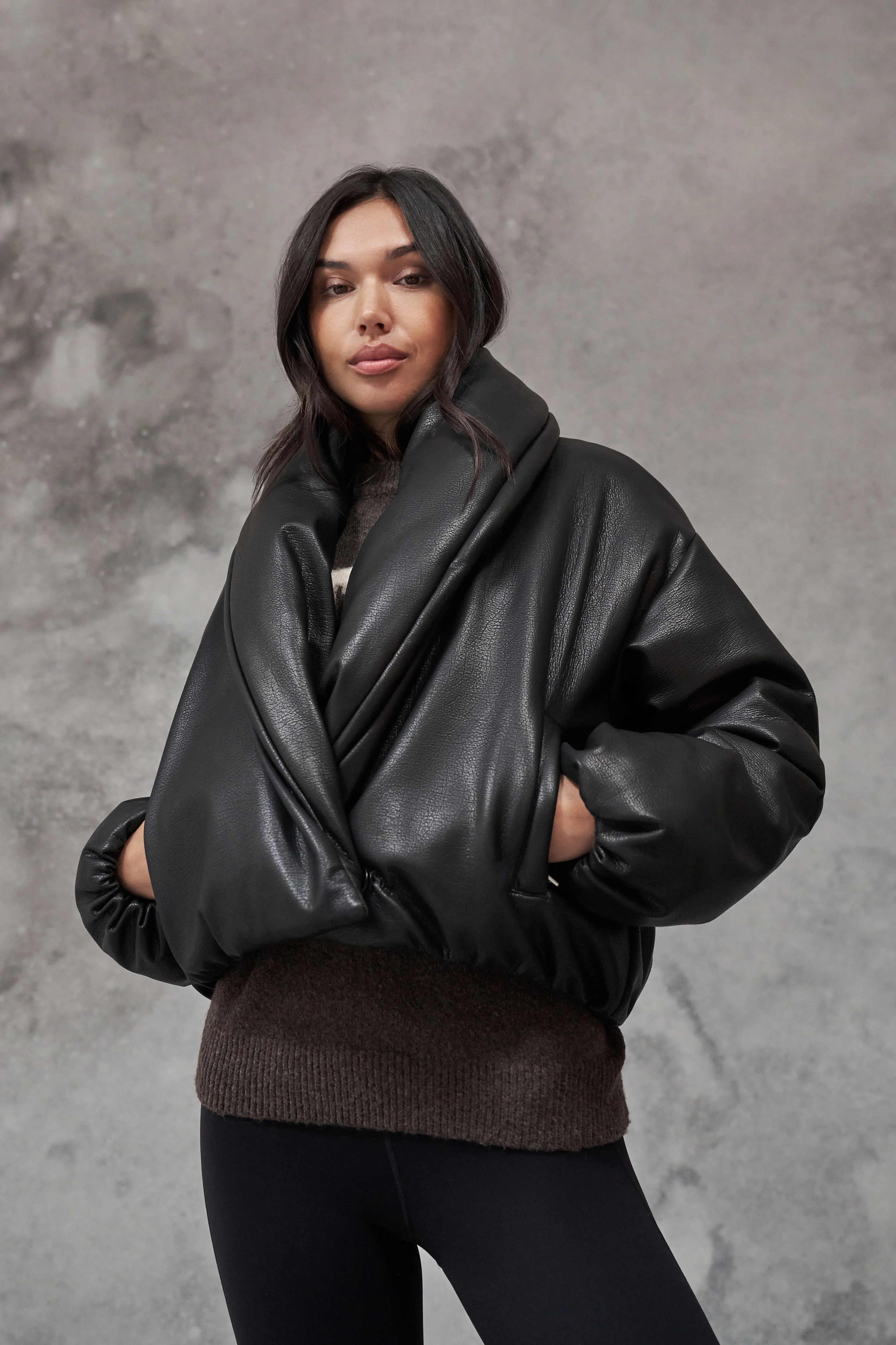 OVERSIZED COLLAR FAUX LEATHER PUFFER COAT - BLACK