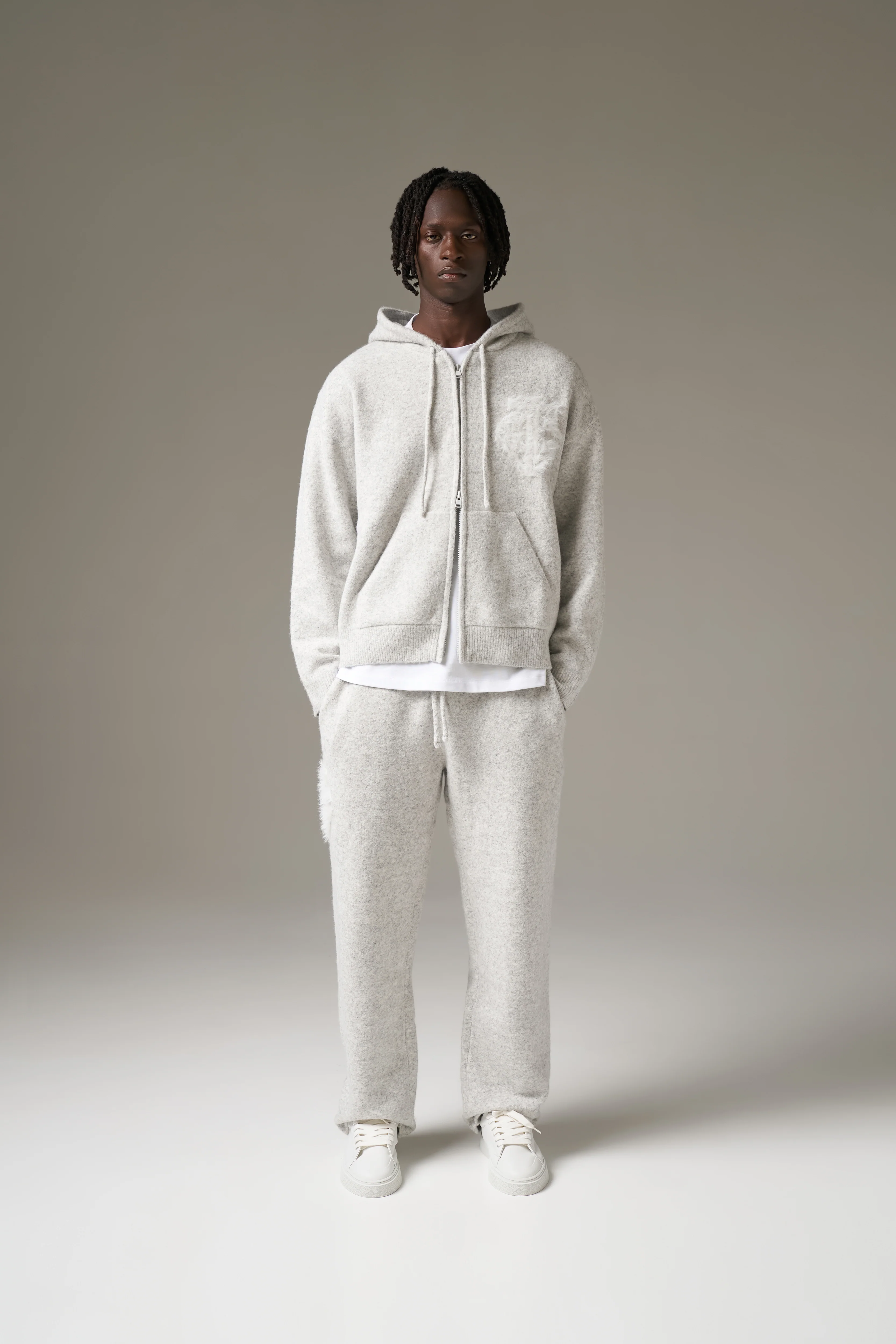 MONOGRAM EMBLEM FLUFFY KNIT ZIP THROUGH HOODIE - GREY MARL