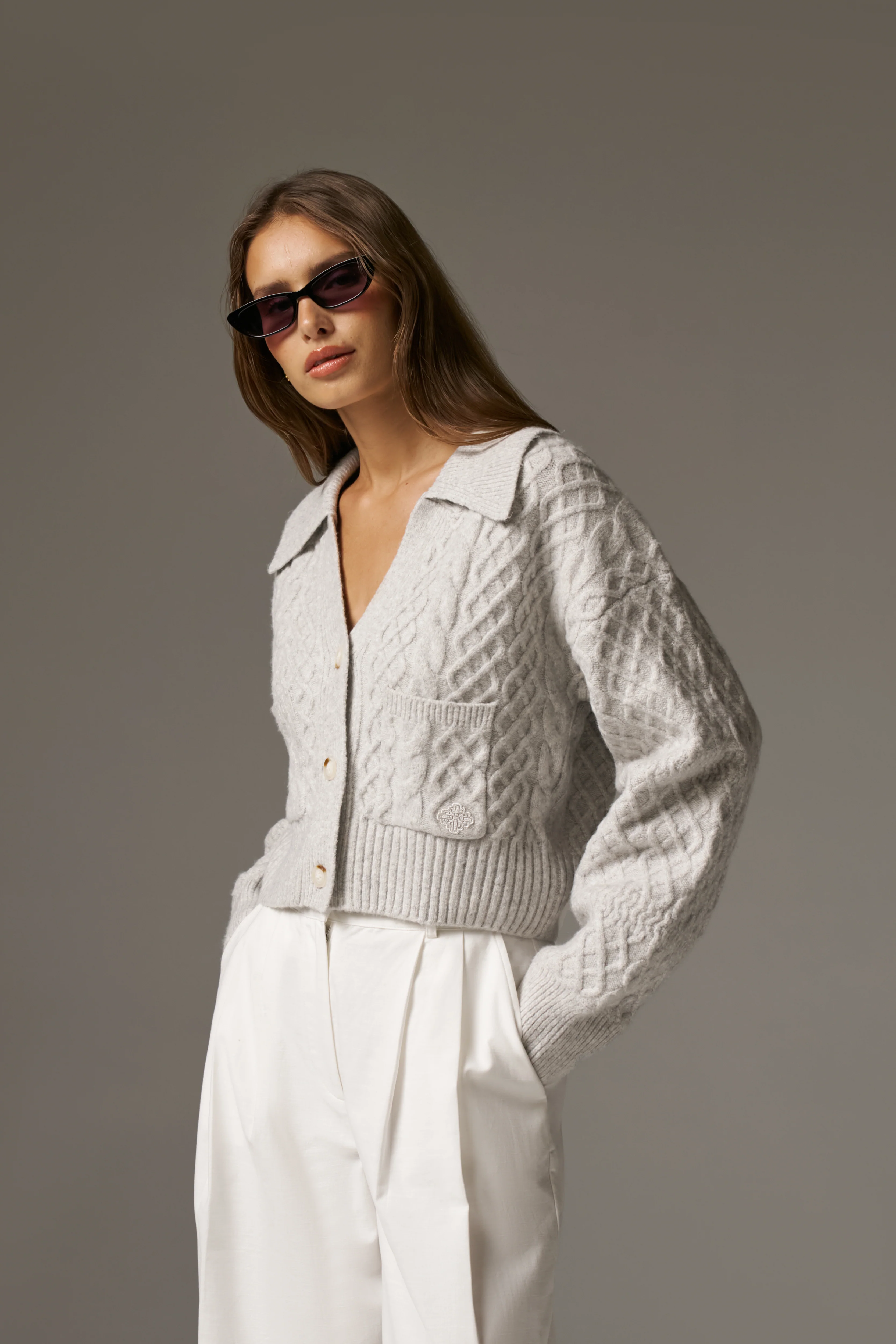 CABLE KNIT CARDIGAN - GREY MARL