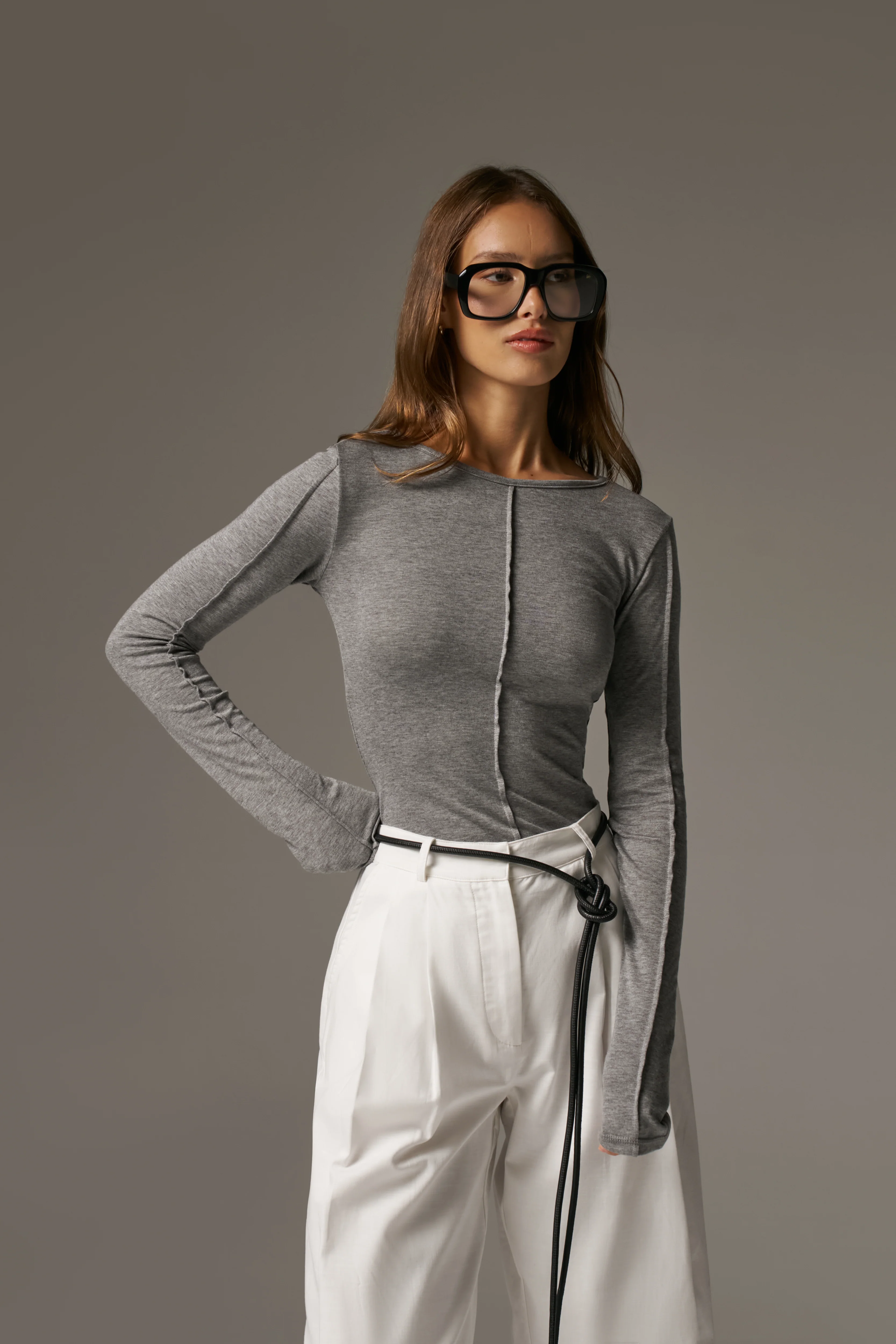 LONG SLEEVE SLUB TOP - GREY