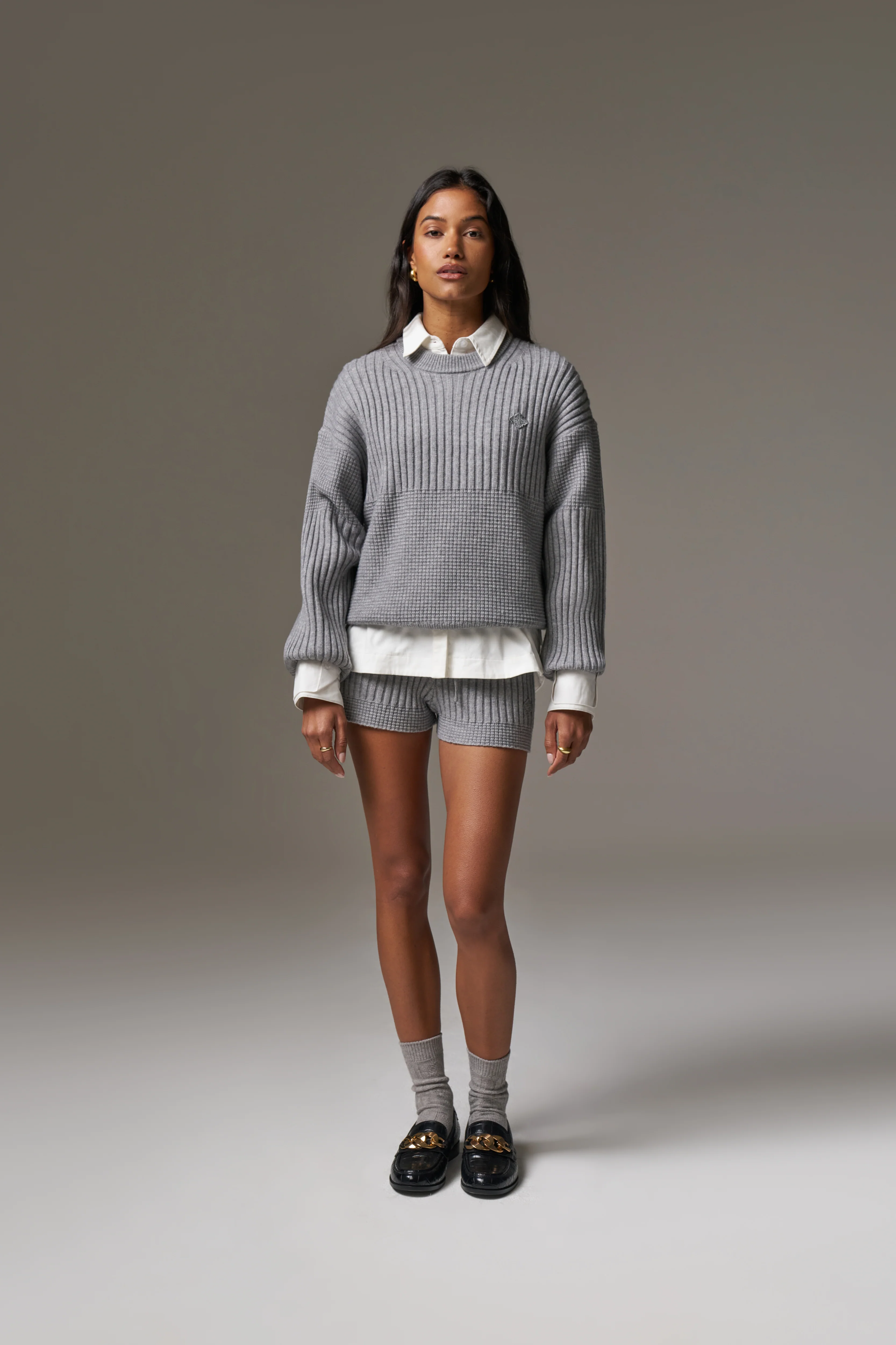 CONTRAST KNIT MINI SHORTS - GREY MARL
