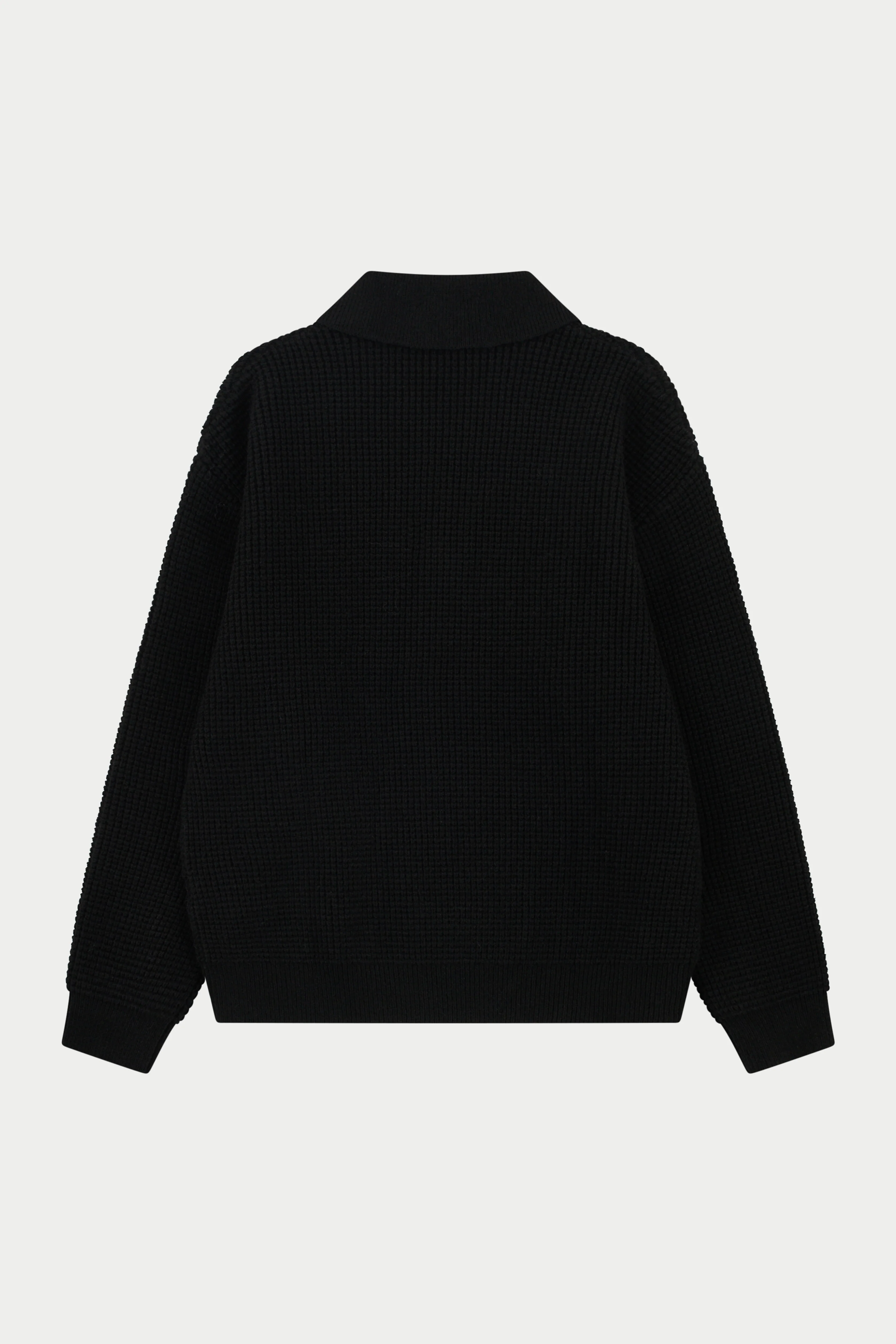 WAFFLE KNIT LONG SLEEVE POLO - BLACK