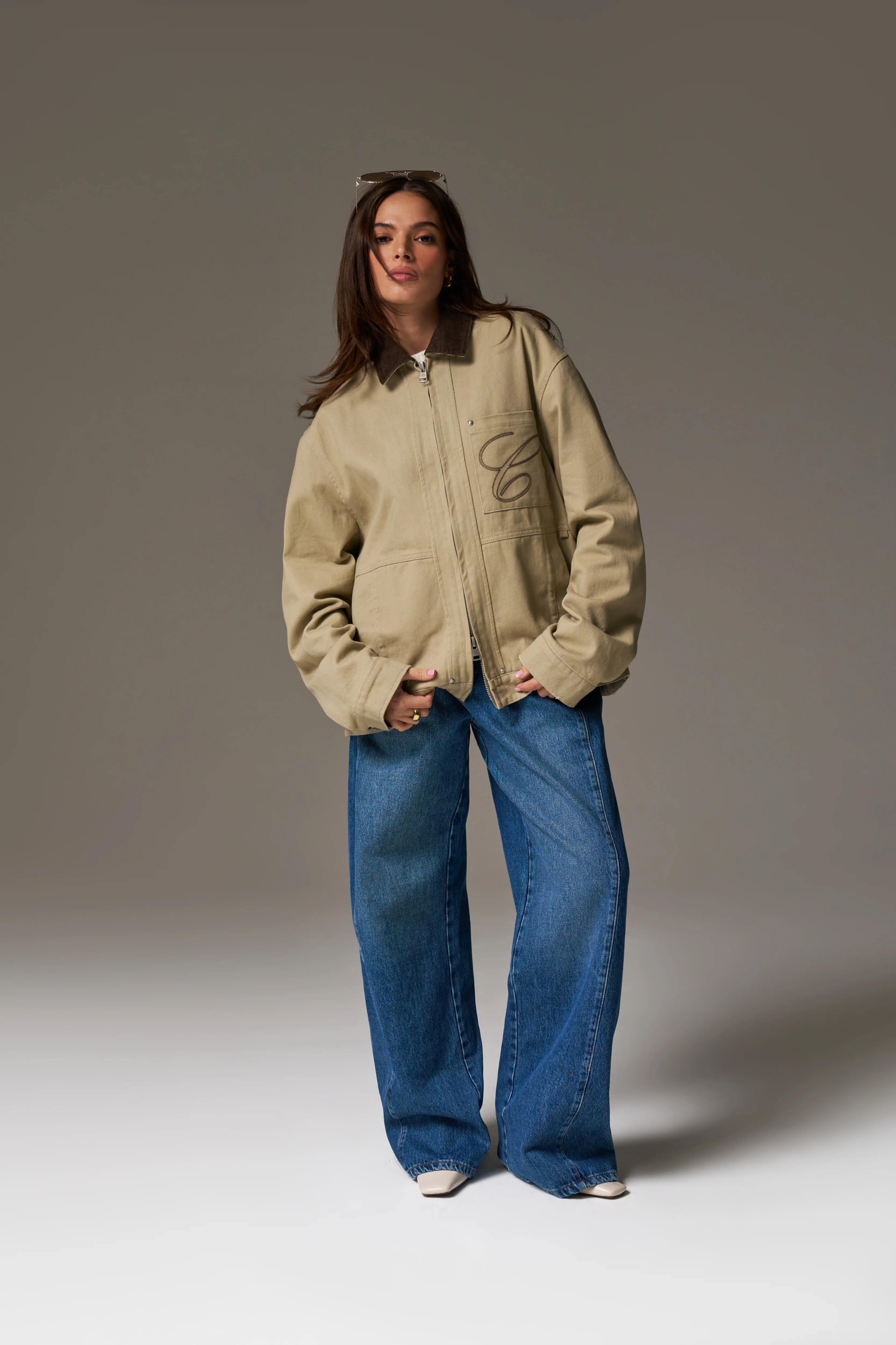 TWILL CONTRAST COLLAR JACKET - BEIGE