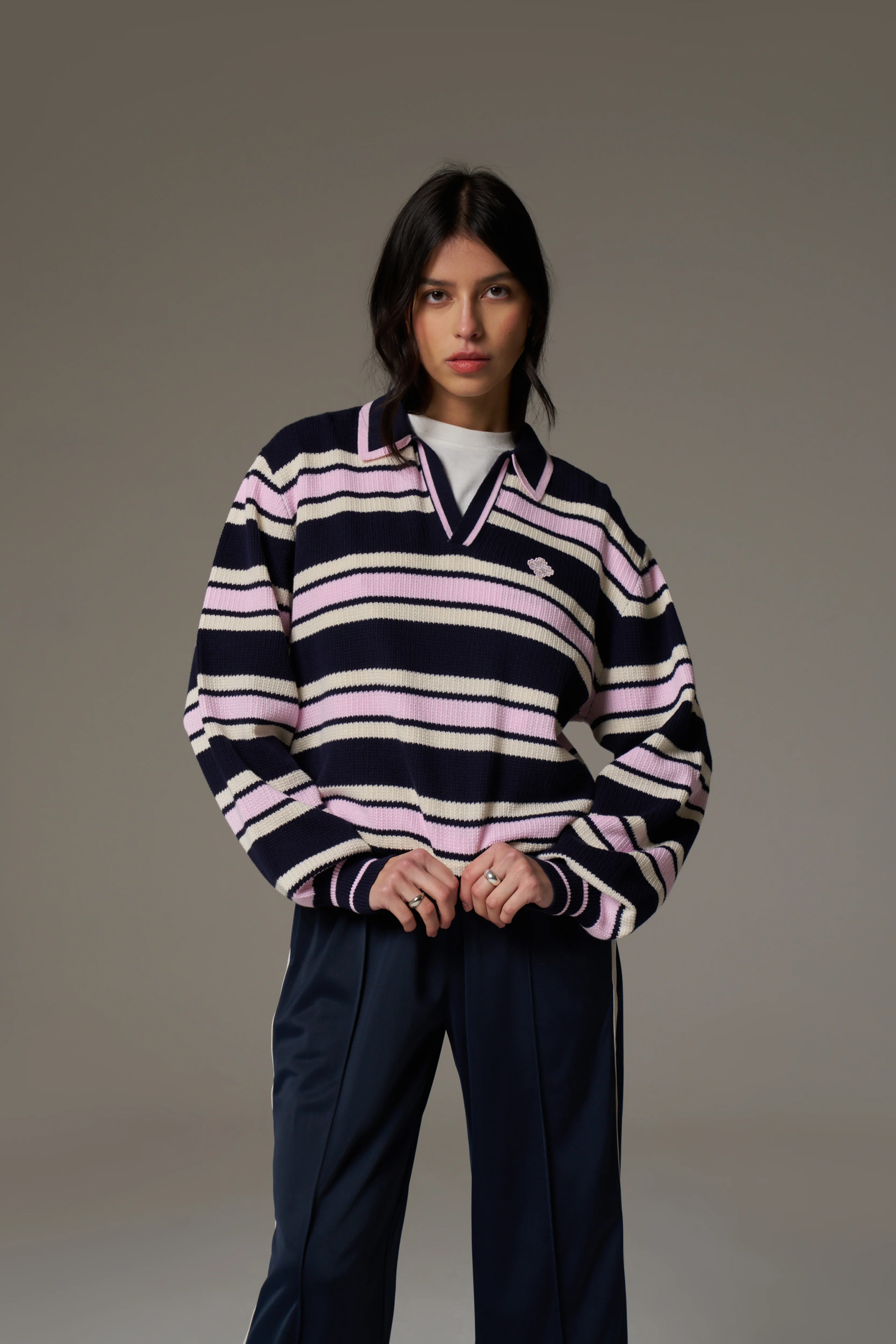 STRIPE KNITTED POLO SWEATSHIRT - NAVY