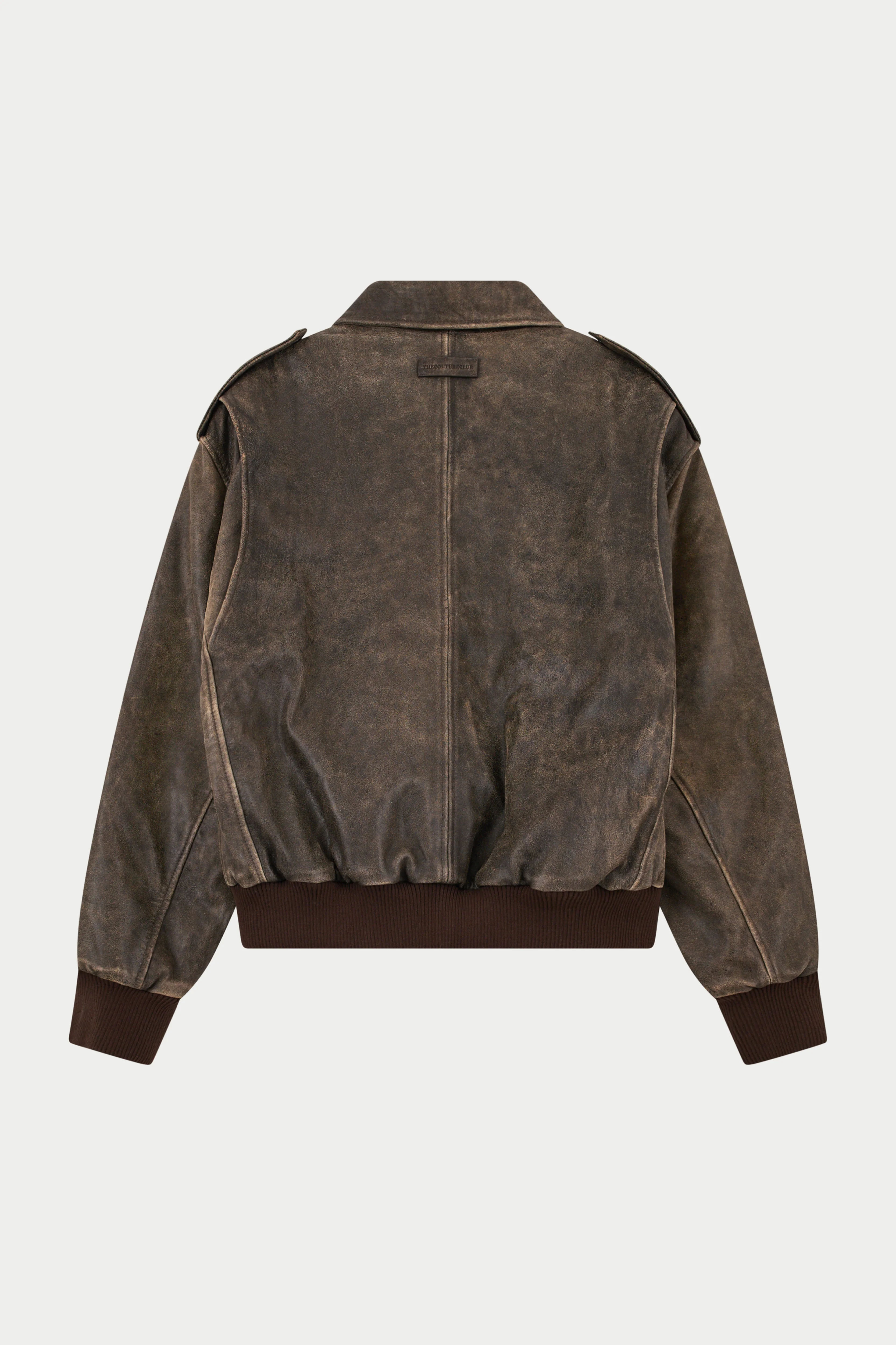 DISTRESSED LEATHER BOMBER JACKET - BROWN