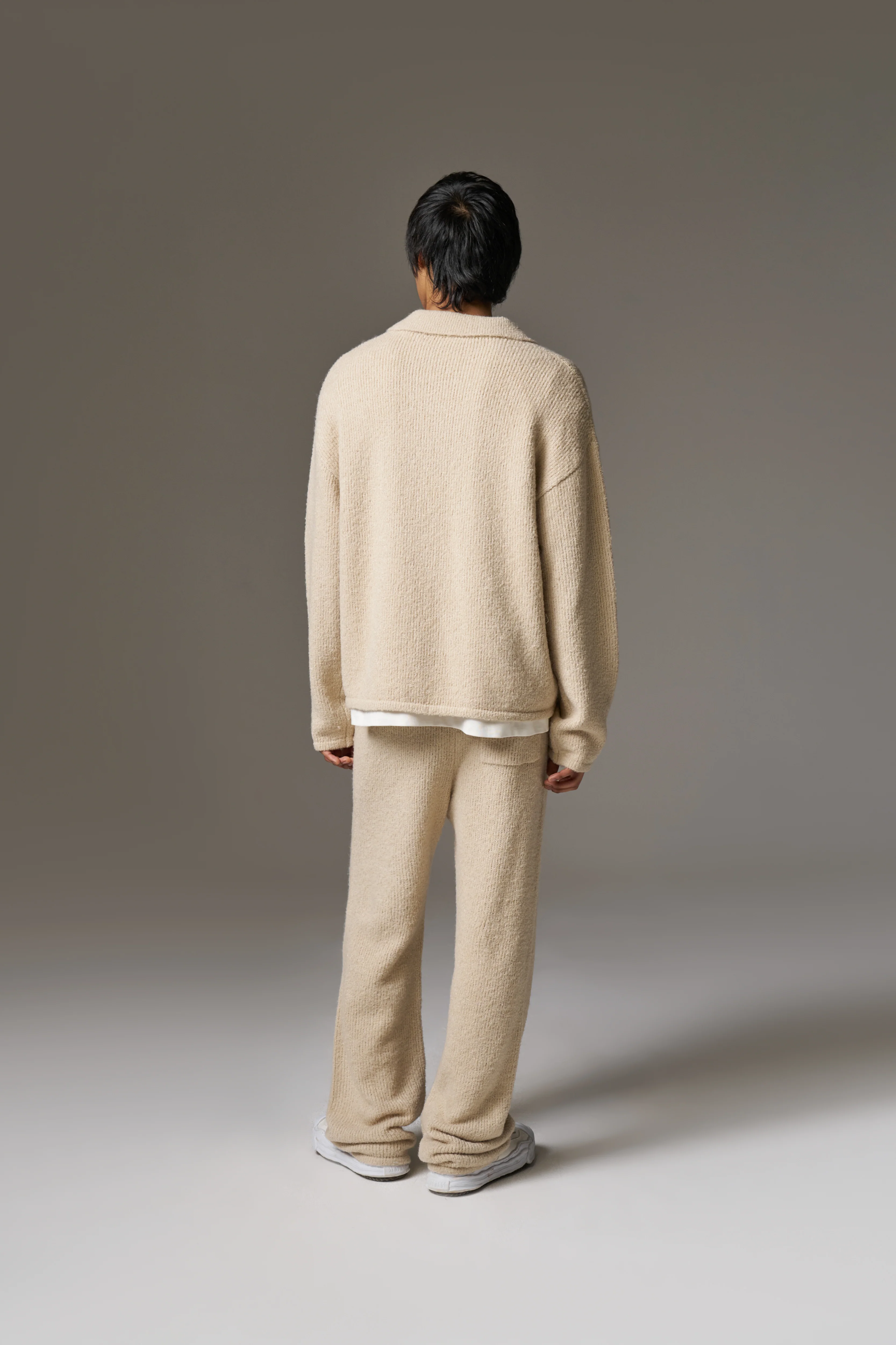 BOUCLE KNIT LONG SLEEVE POLO - STONE