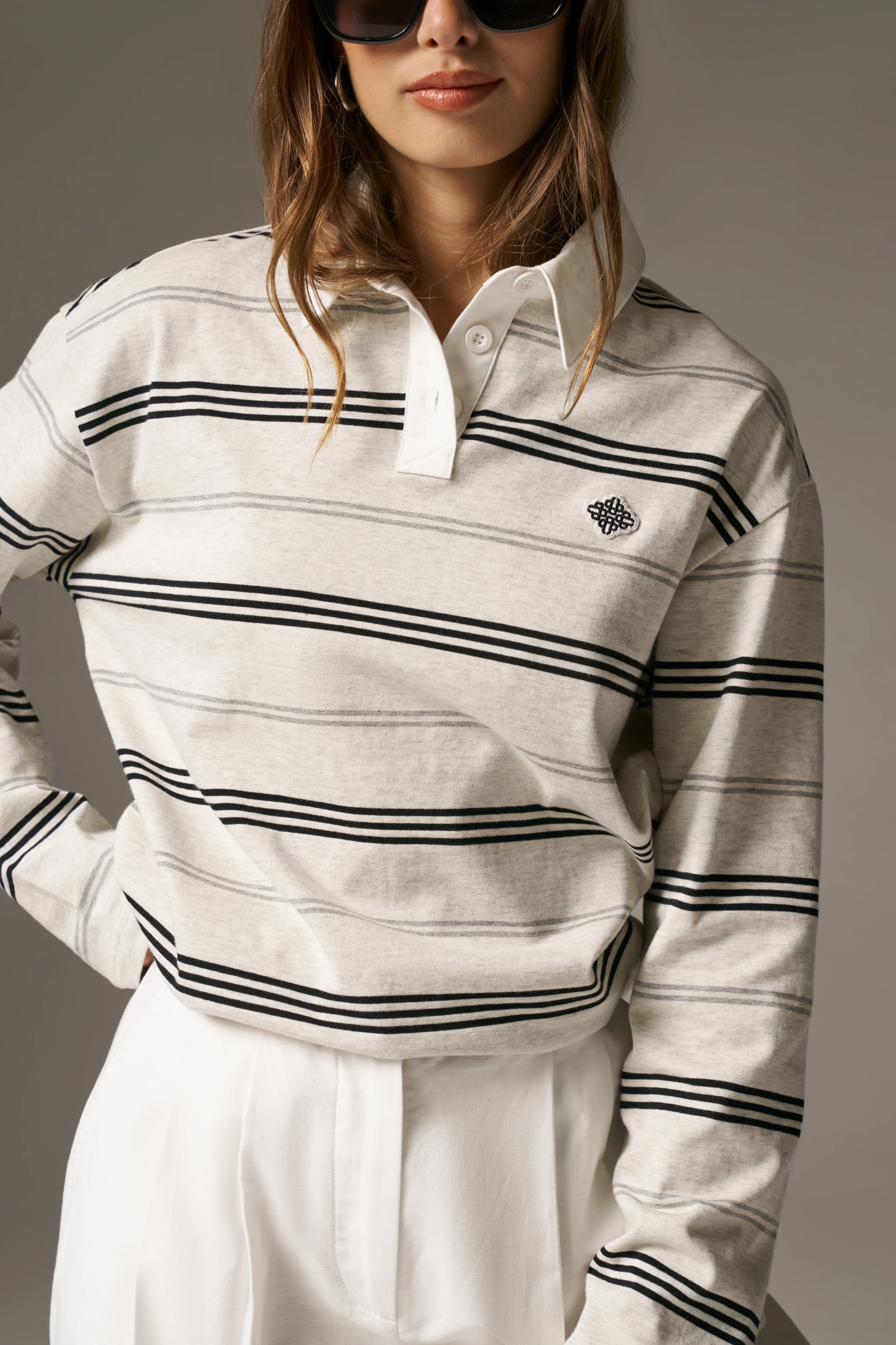 STRIPED LONG SLEEVE POLO TEE - GREY MARL