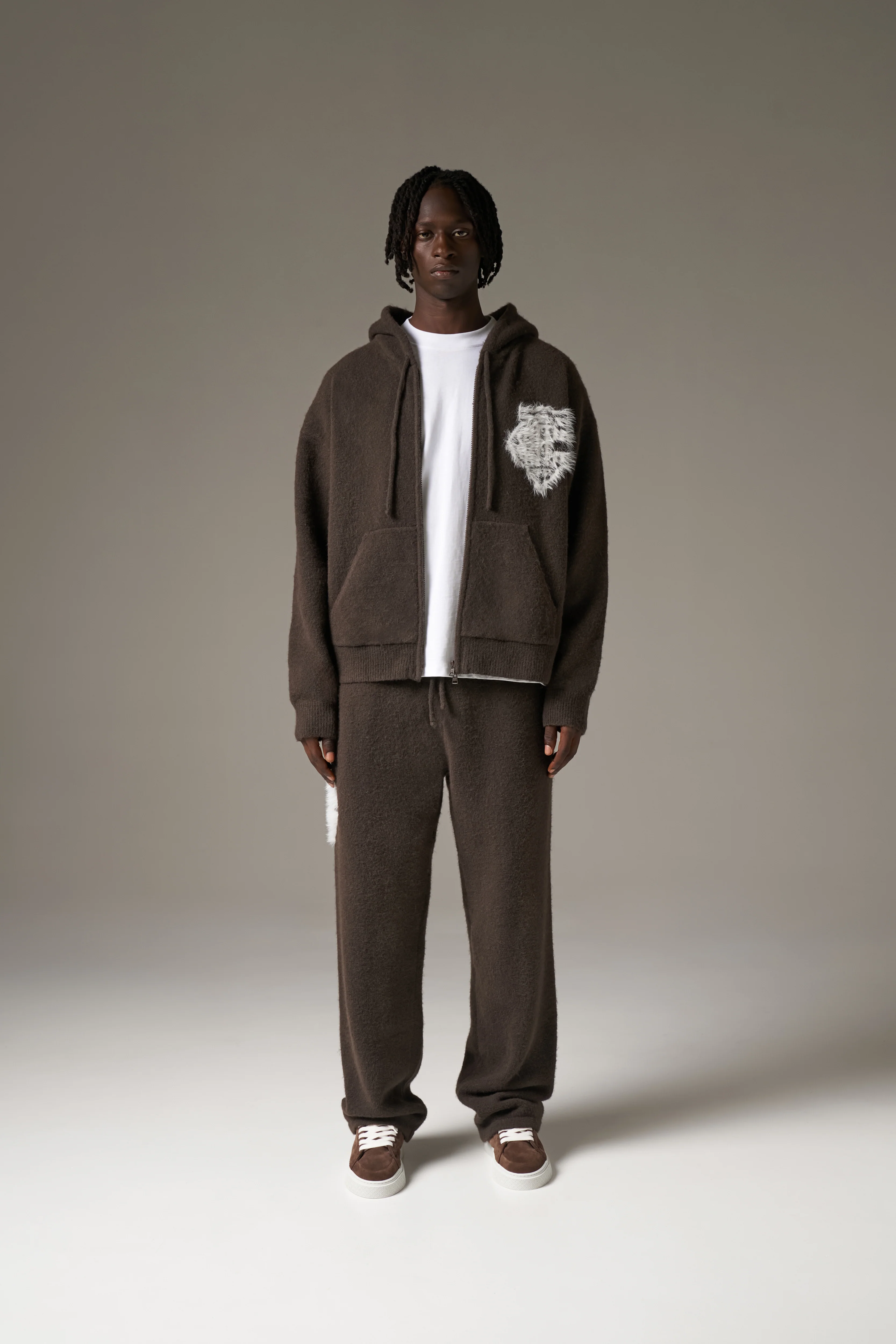 MONOGRAM EMBLEM FLUFFY KNIT ZIP THROUGH HOODIE - BROWN