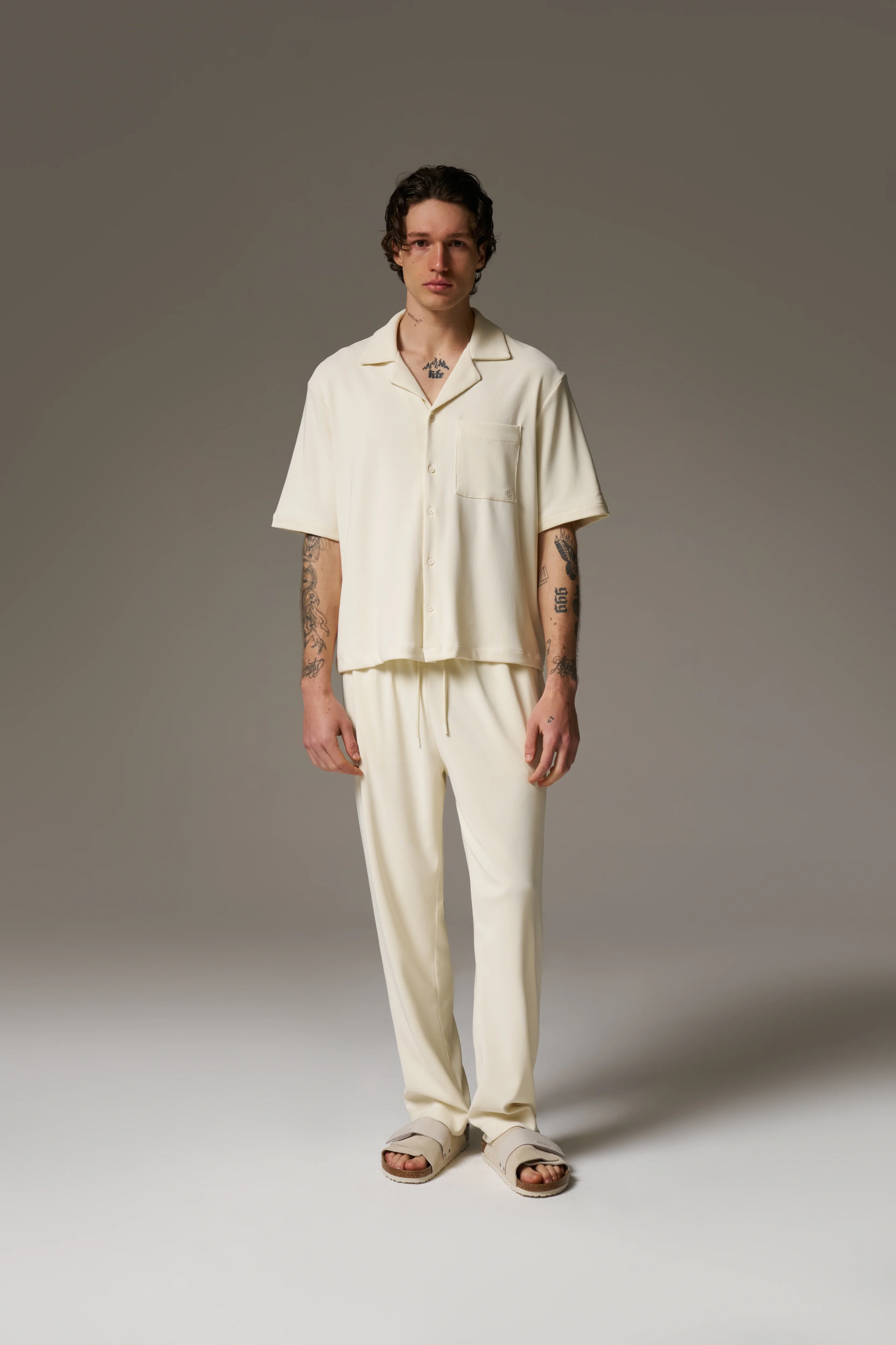 RIB BUTTON THROUGH SHIRT - OFF WHITE