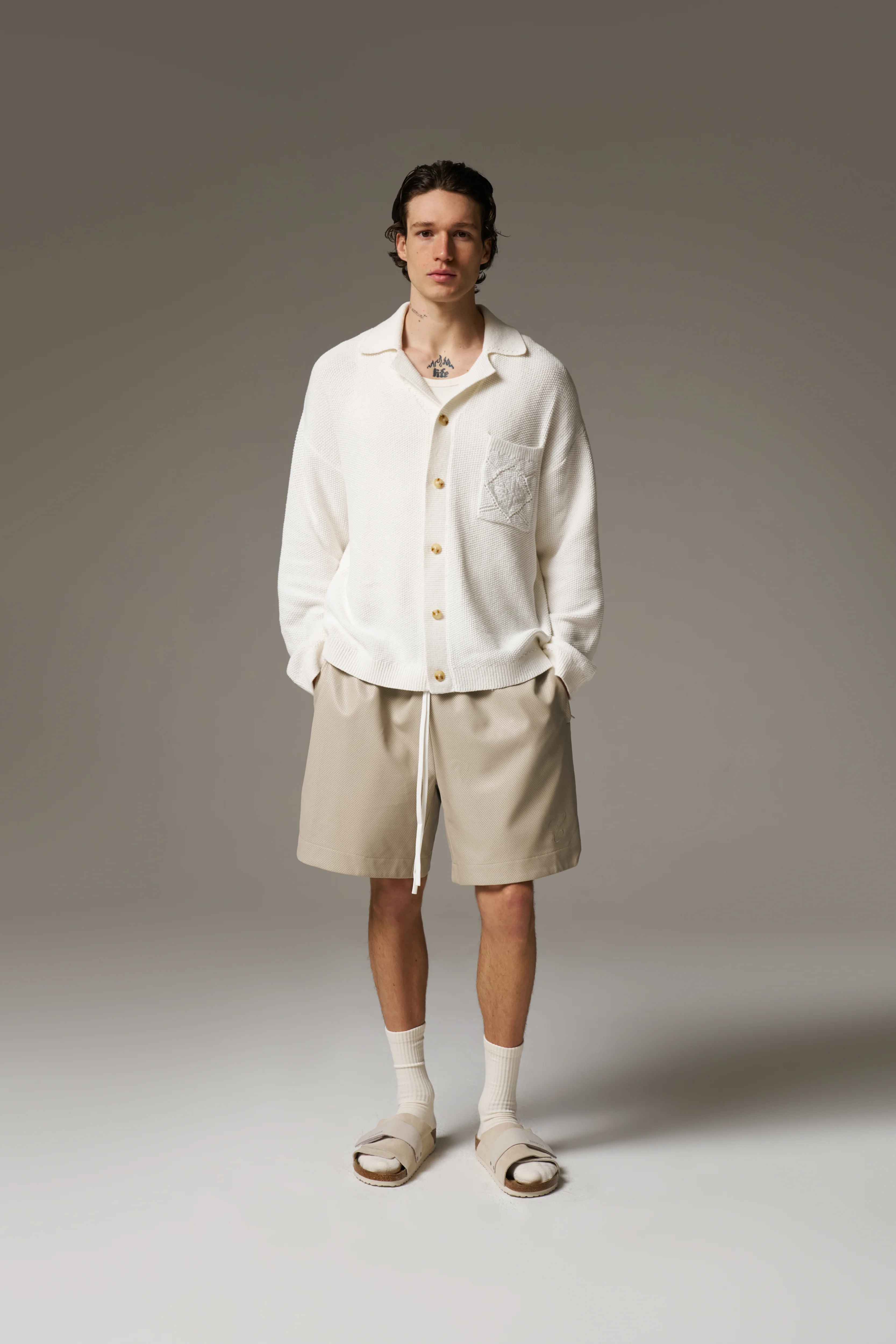 CROCHET KNITTED EMBLEM POCKET SHIRT - OFF WHITE