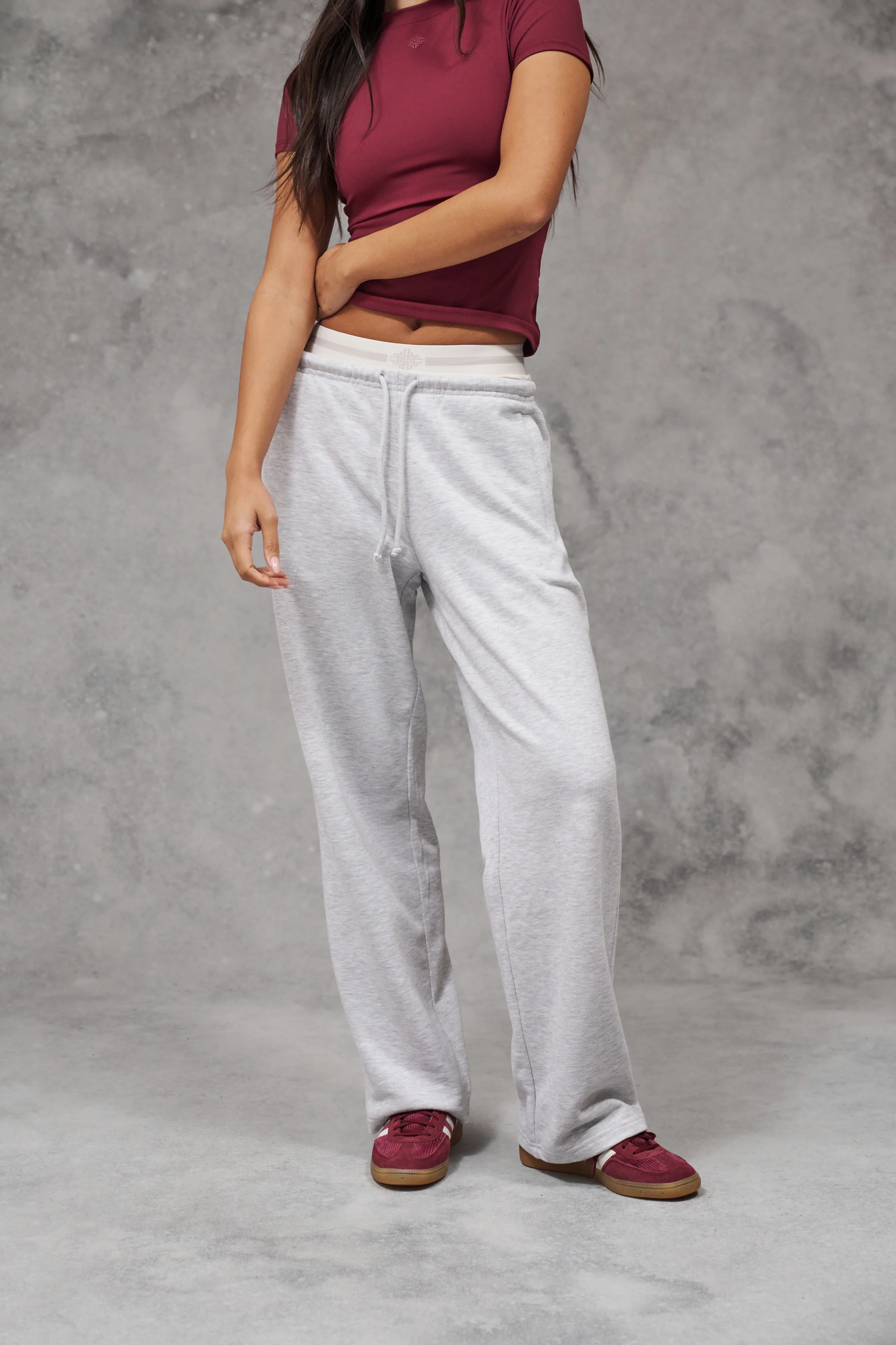 DOUBLE WAISTBAND WIDE LEG JOGGERS - GREY MARL