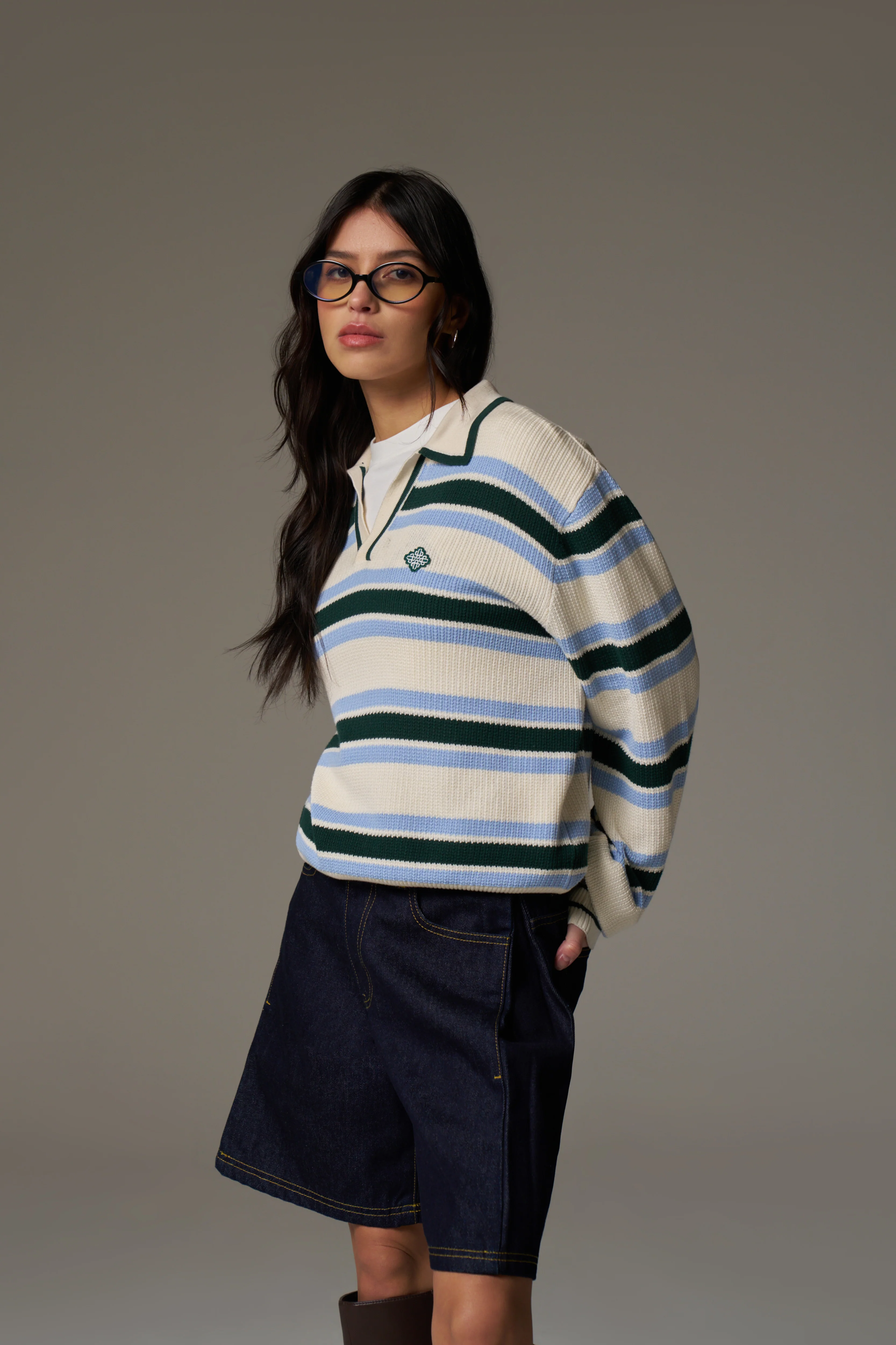 STRIPE KNITTED POLO SWEATSHIRT - OFF WHITE
