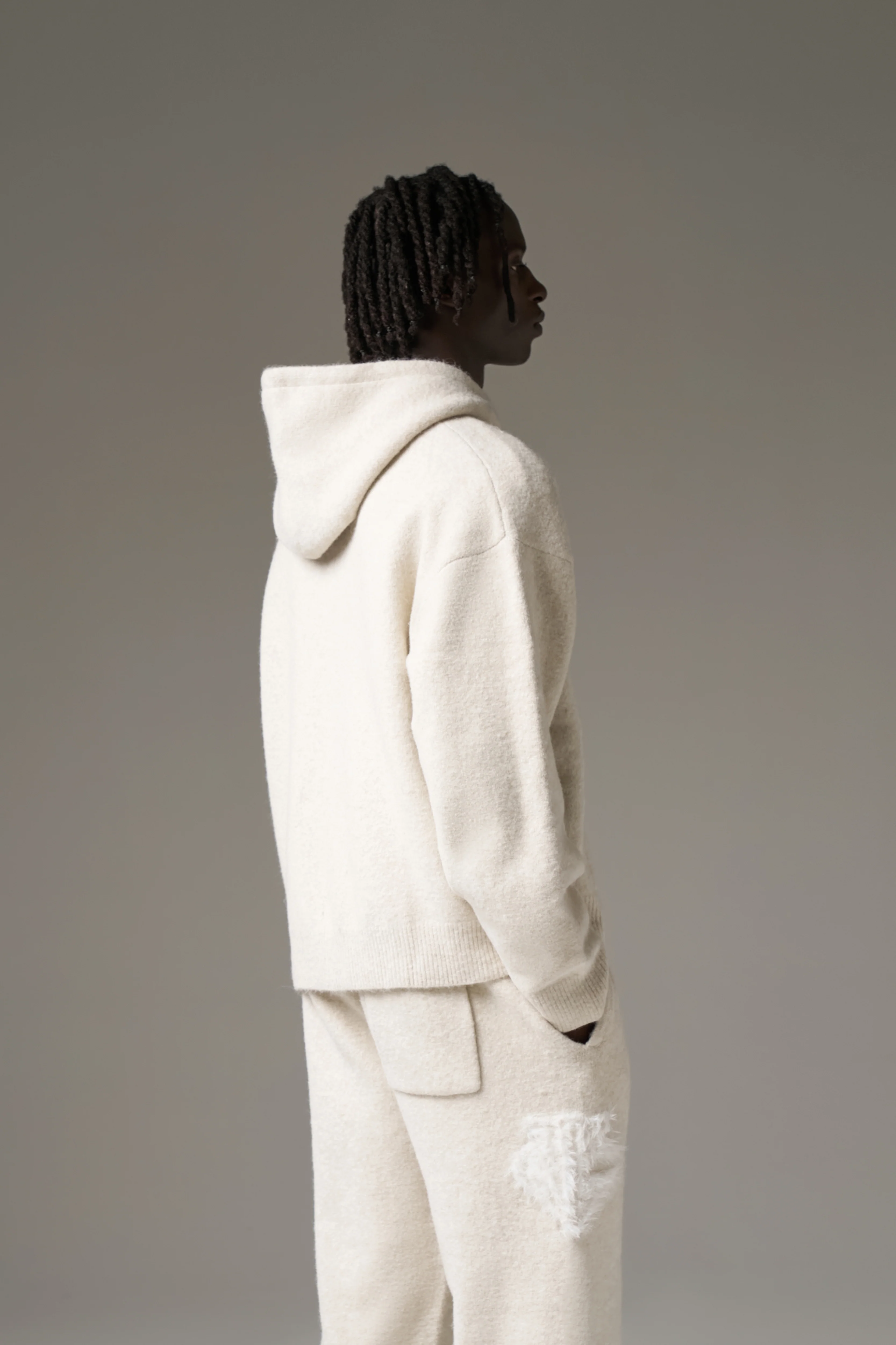 MONOGRAM EMBLEM FLUFFY KNIT ZIP THROUGH HOODIE - BEIGE