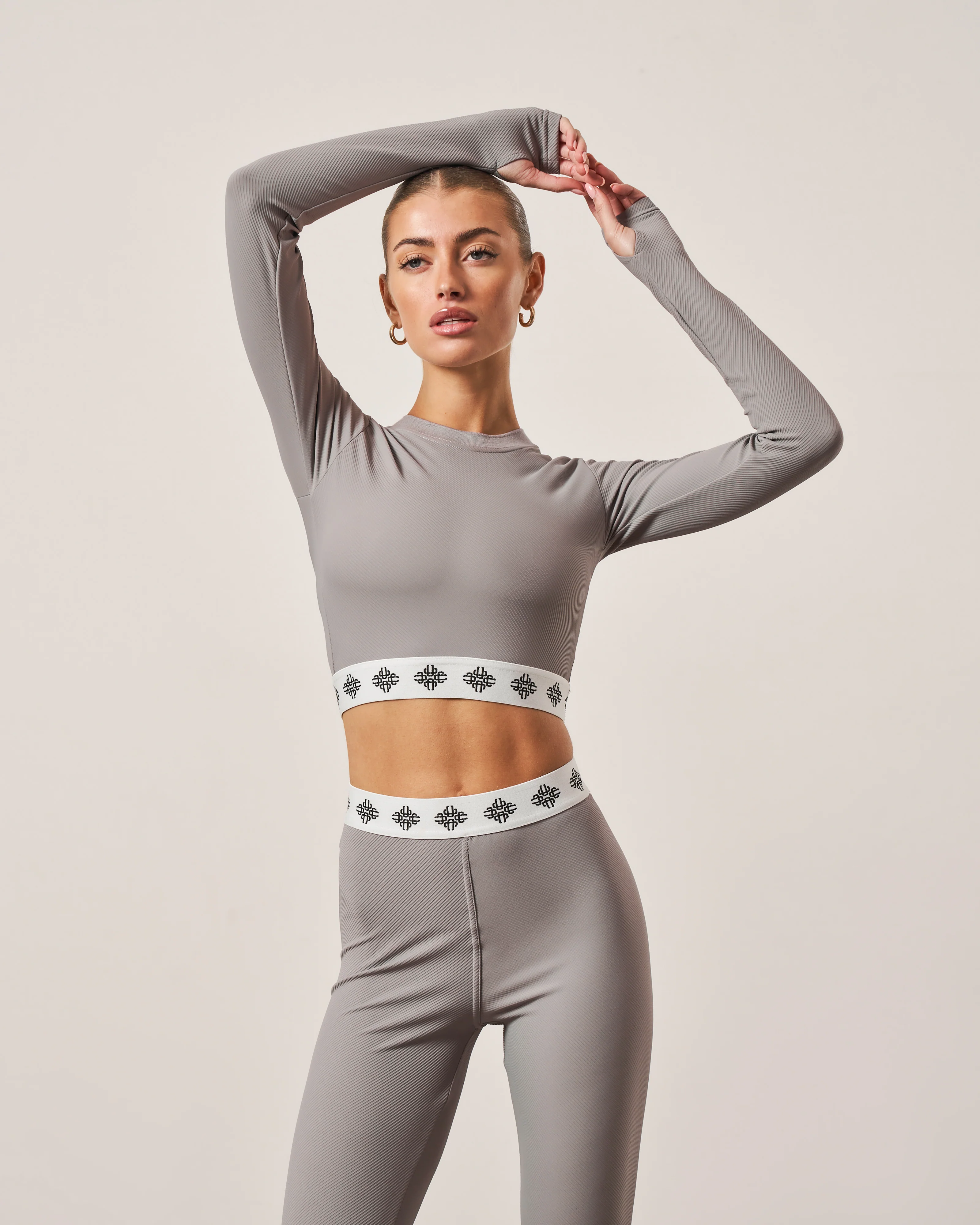 BRANDED WAISTBAND FITTED RIBBED TOP - GREY