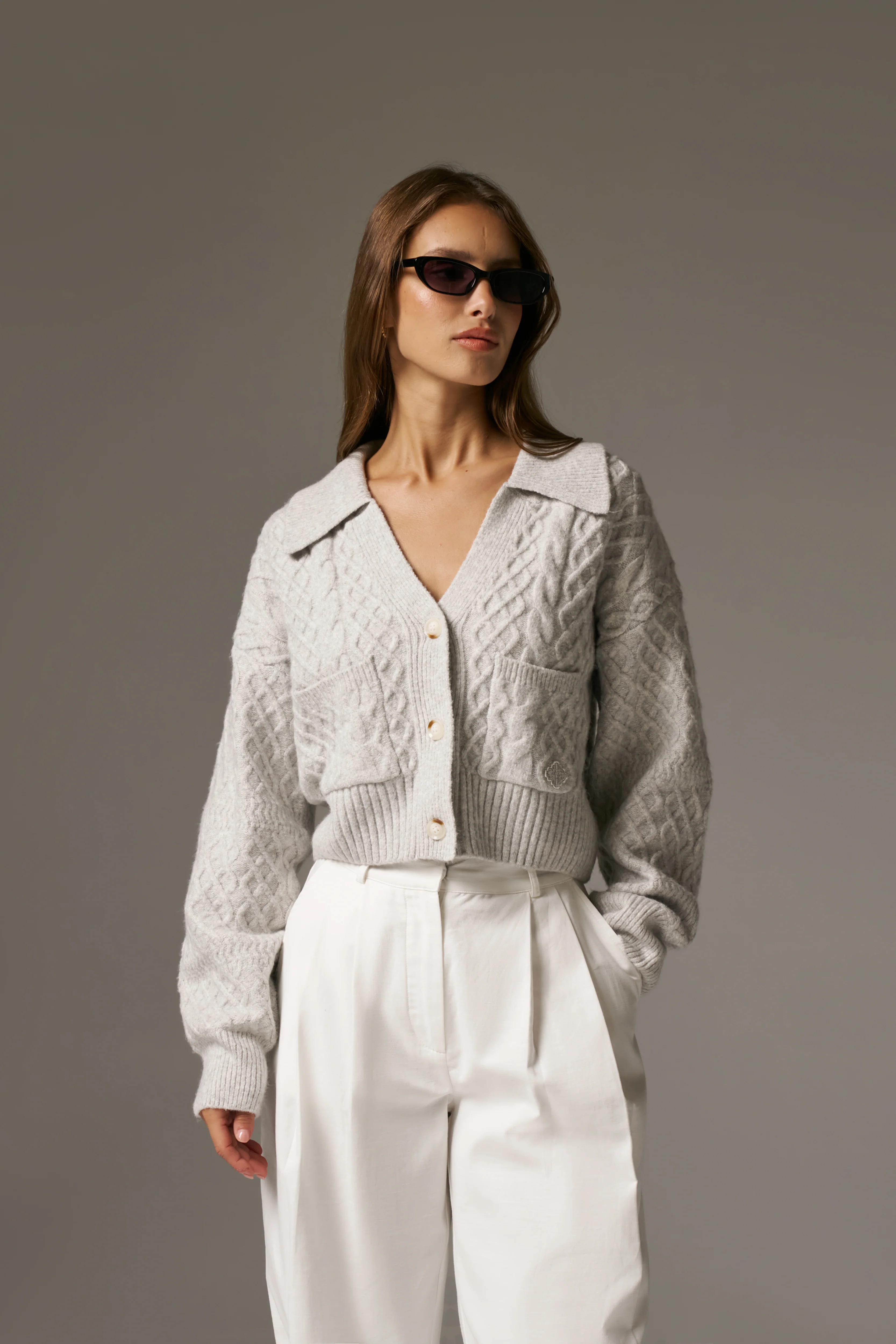 CABLE KNIT CARDIGAN - GREY MARL