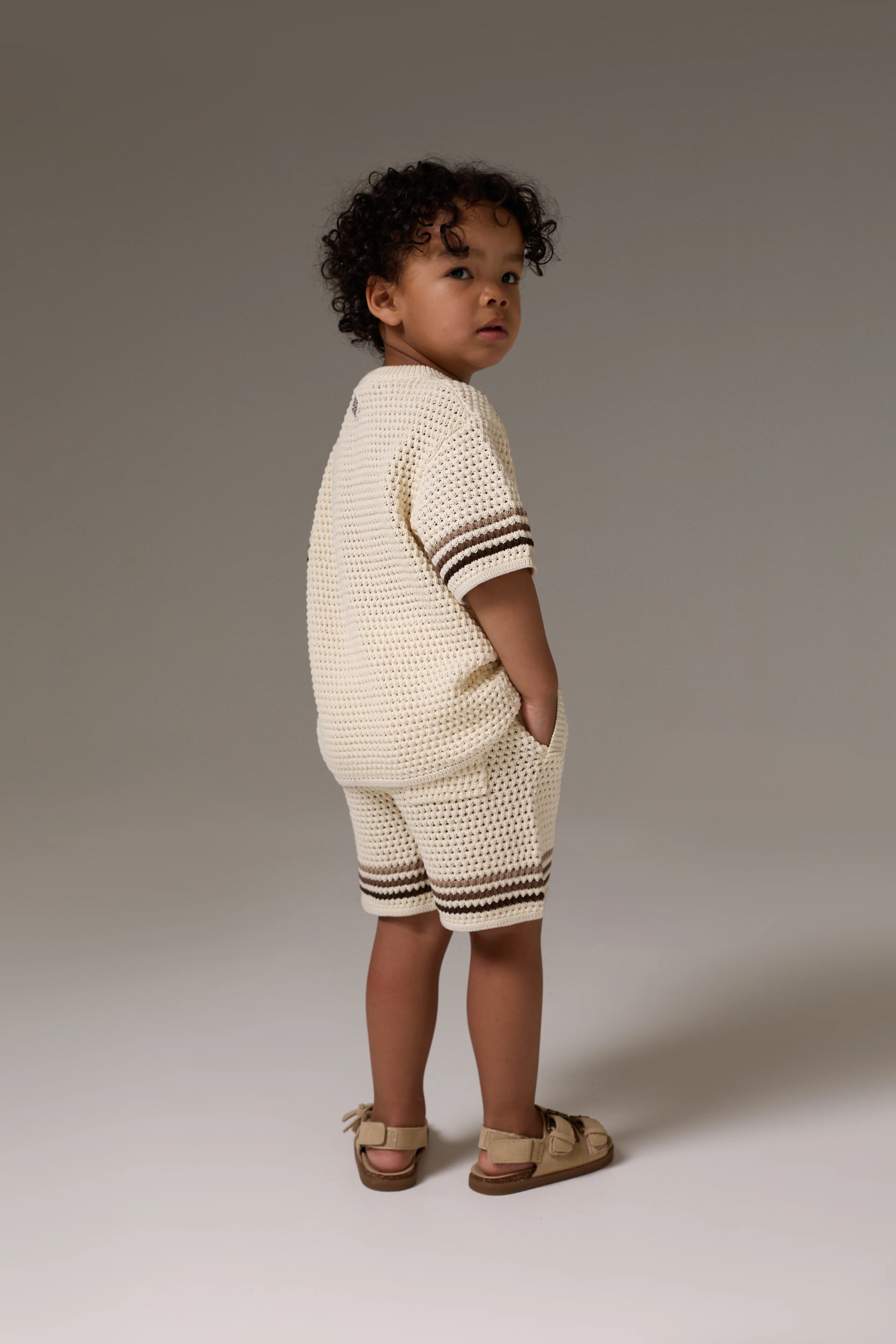 KIDS STRIPE CROCHET KNIT T-SHIRT - OFF WHITE
