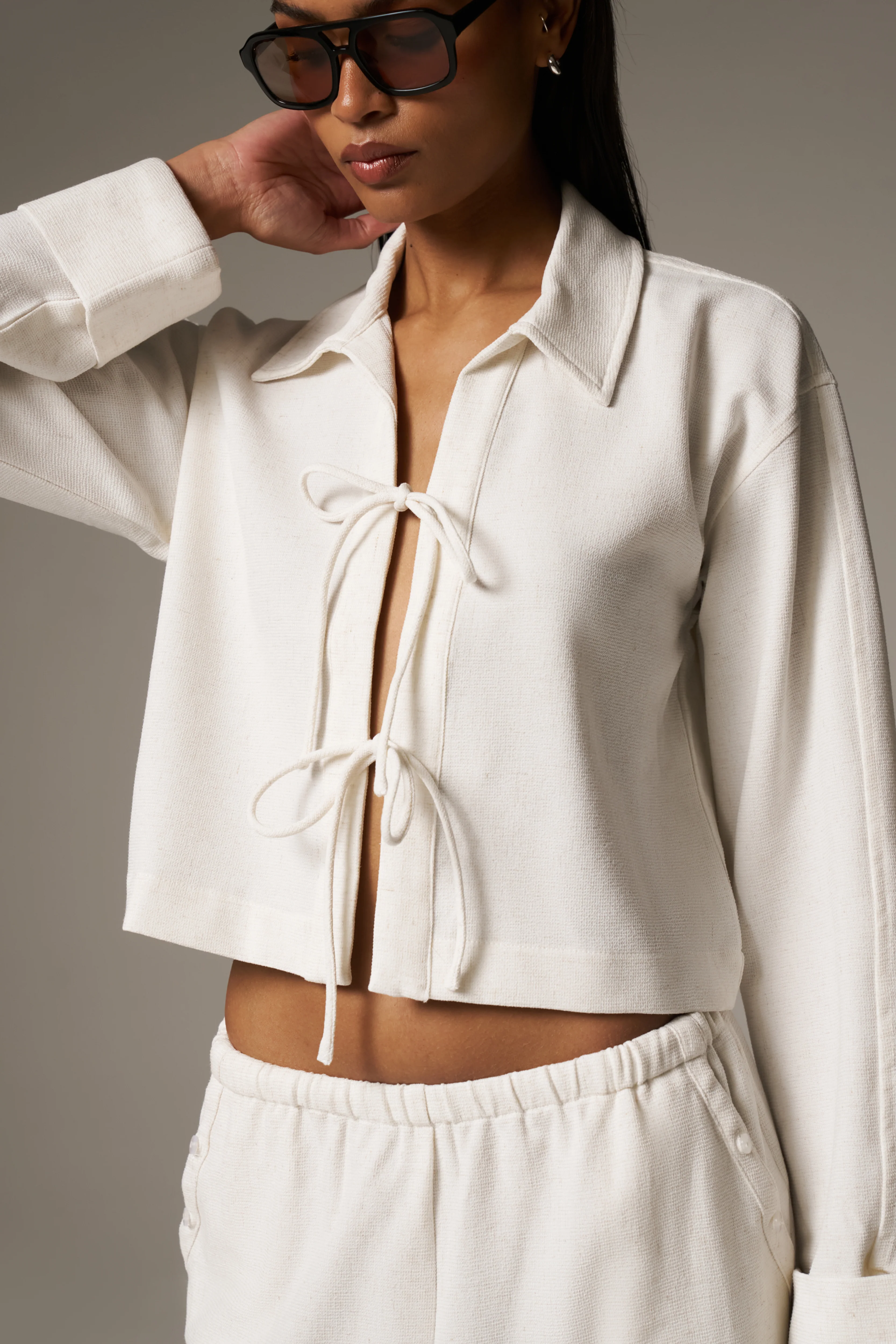 TEXTURED LINEN TIE FRONT SHIRT - BEIGE