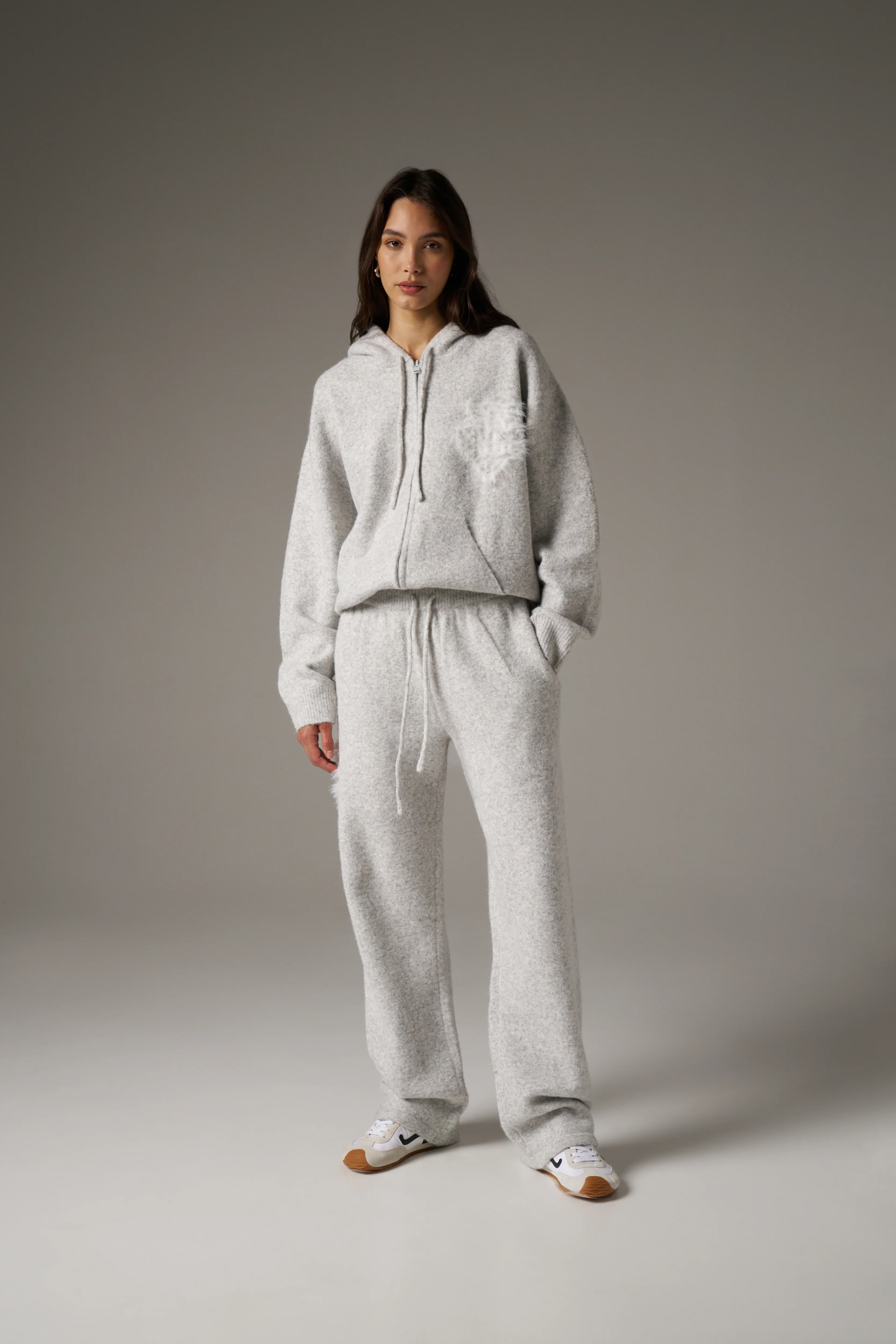 MONOGRAM EMBLEM FLUFFY KNIT ZIP THROUGH HOODIE - GREY MARL