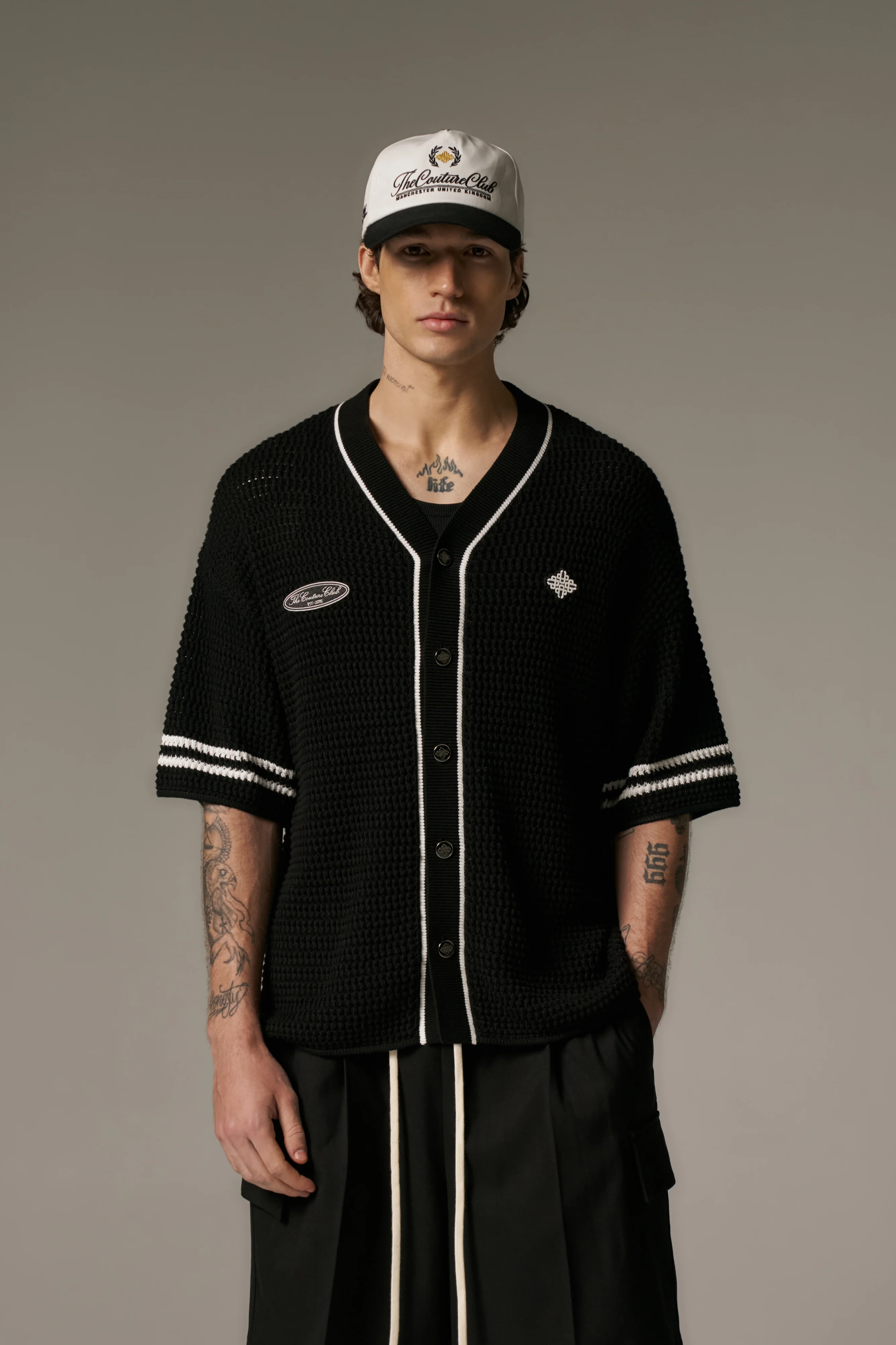 CROCHET KNITTED BASEBALL SHIRT - BLACK