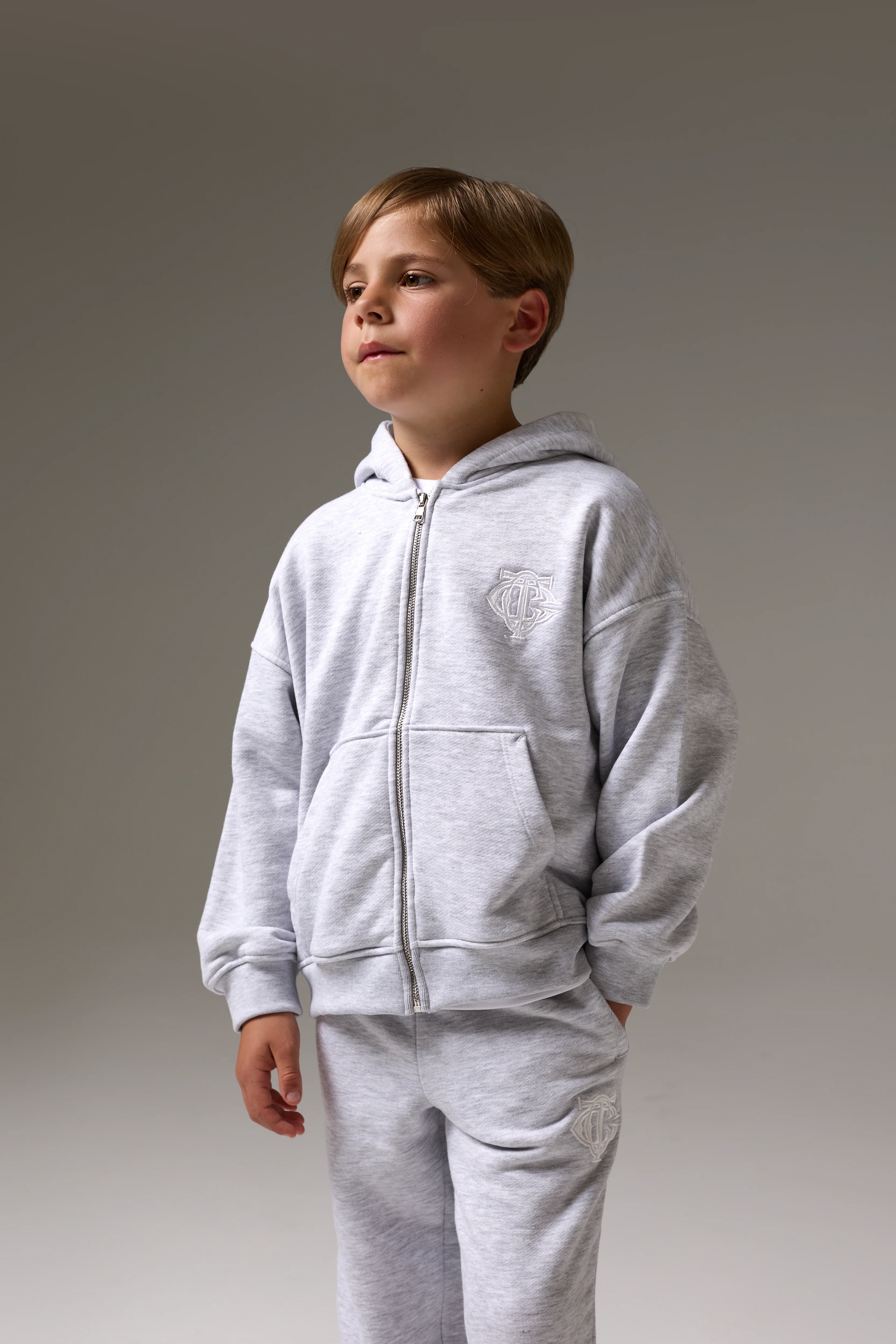 JUNIOR ZIP THROUGH MONOGRAM EMBLEM APPLIQUE HOODIE - GREY MARL