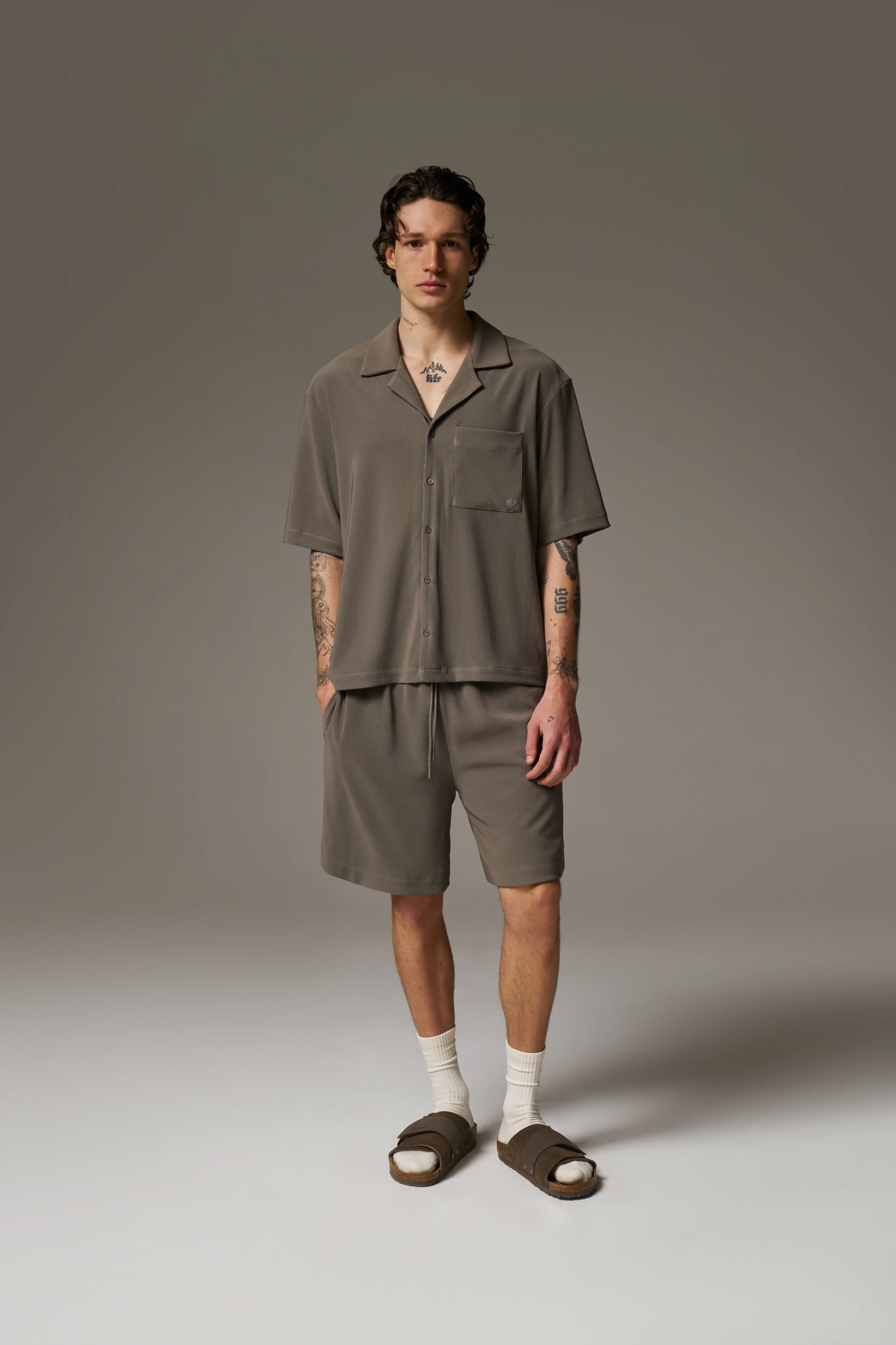 RIB BUTTON THROUGH SHIRT - MINK
