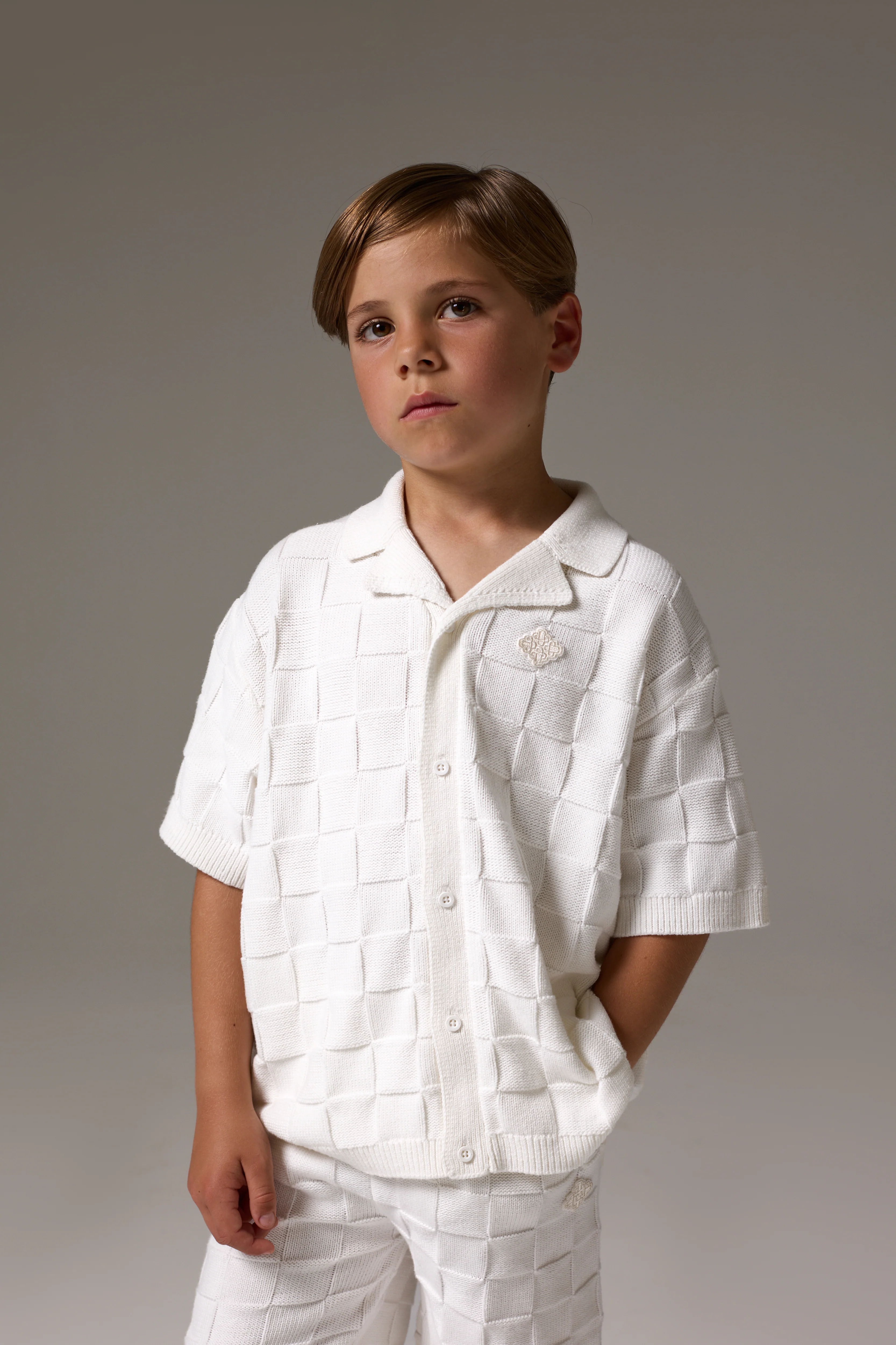 JUNIOR CHECKERBOARD KNITTED SHIRT - OFF WHITE